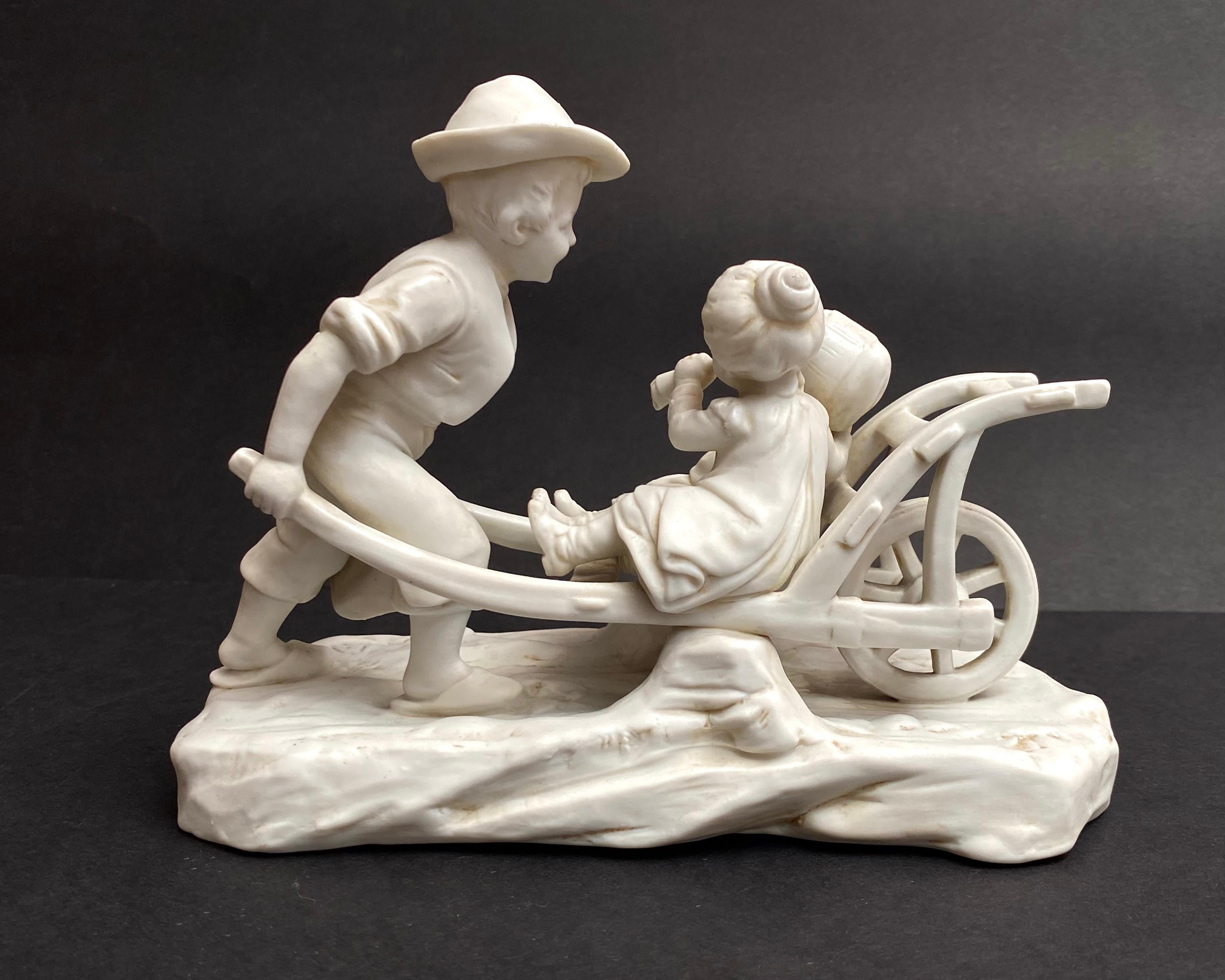 20th Century Unique Antique Figurine Lady Pulling Cart With Children, Germany, 1930s For Sale