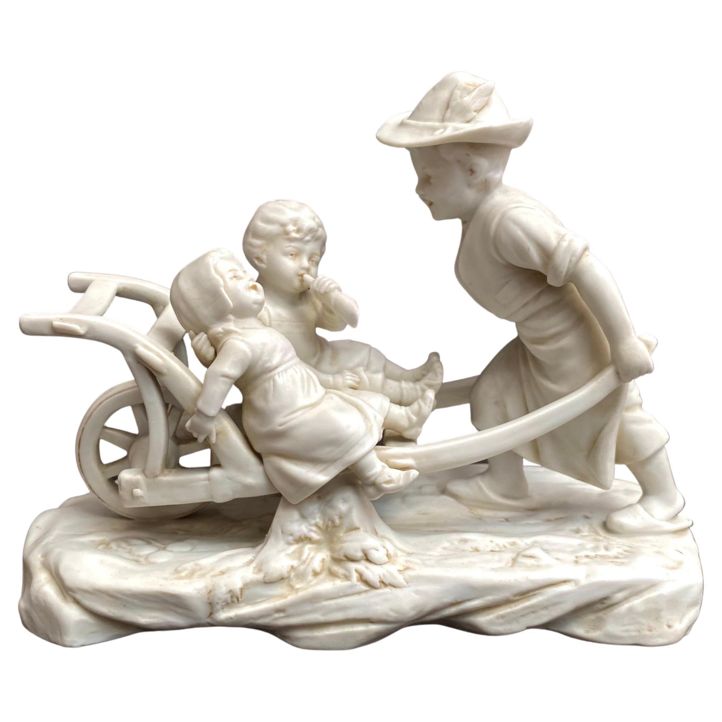 Unique Antique Figurine Lady Pulling Cart With Children, Germany, 1930s