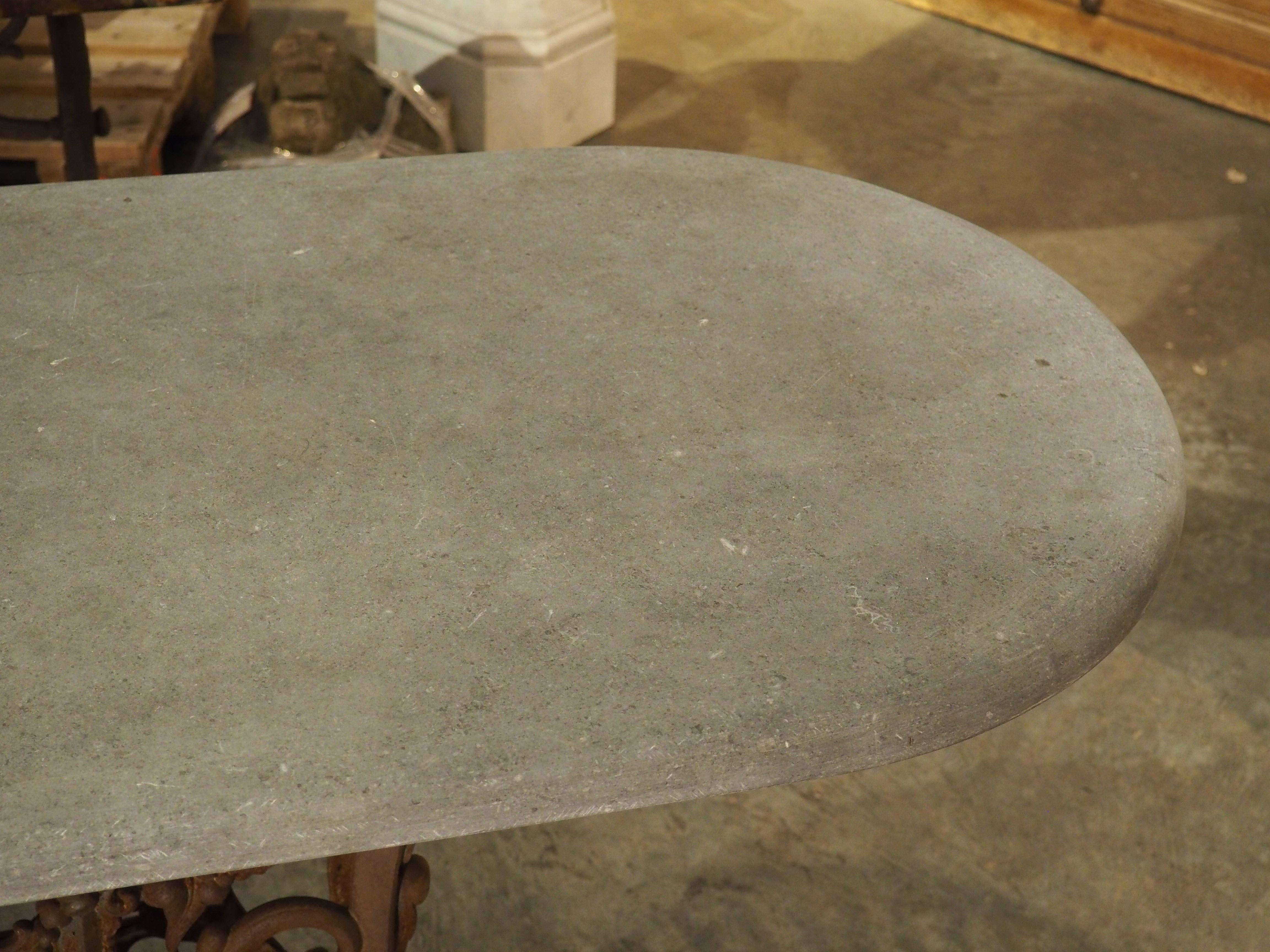Unique Antique French Cast Iron Table with Oval Bluestone Top, Circa 1900 In Good Condition In Dallas, TX