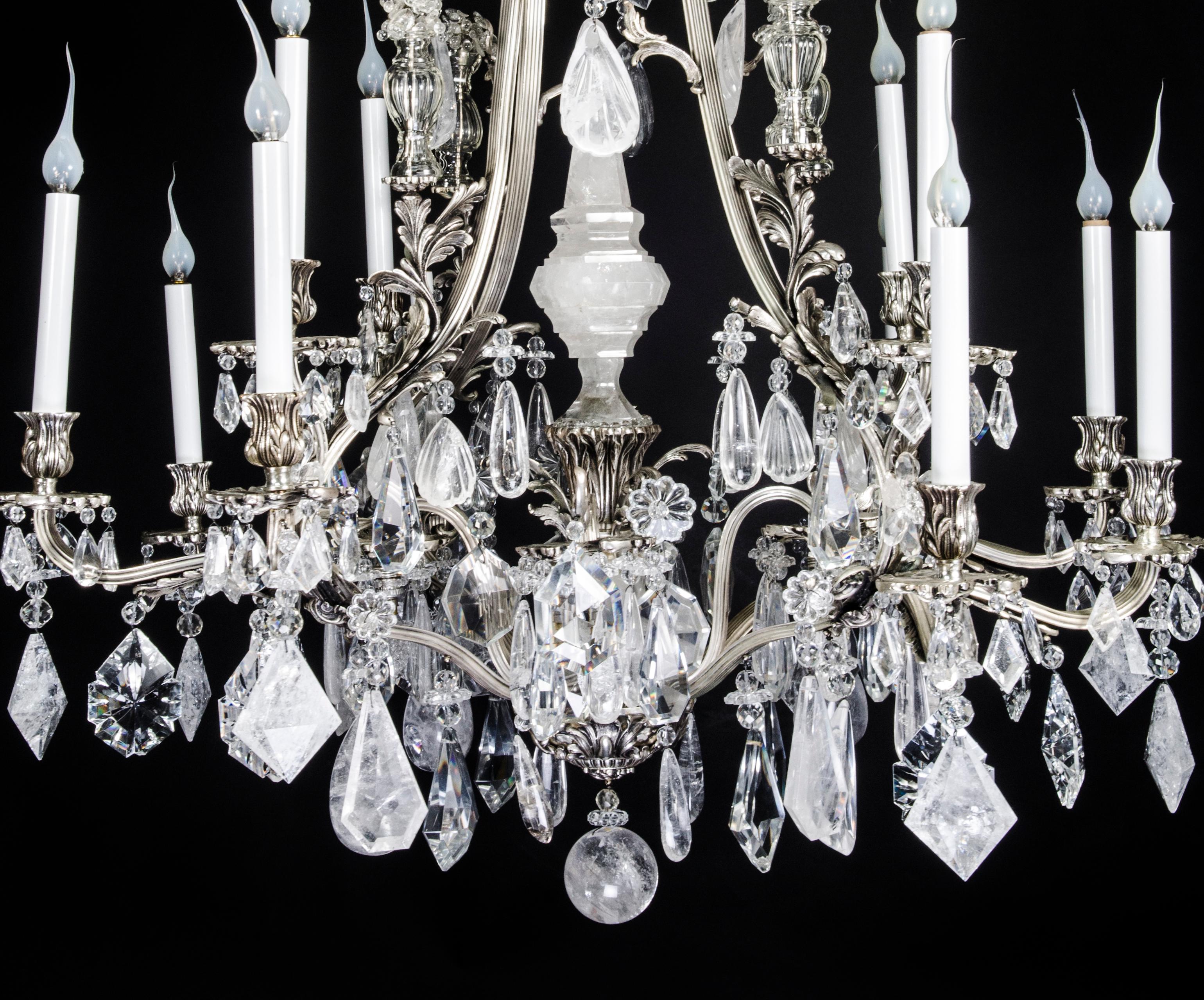 Hand-Crafted Unique Antique French Louis XVI Style Silver Bronze and Rock Crystal Chandelier For Sale