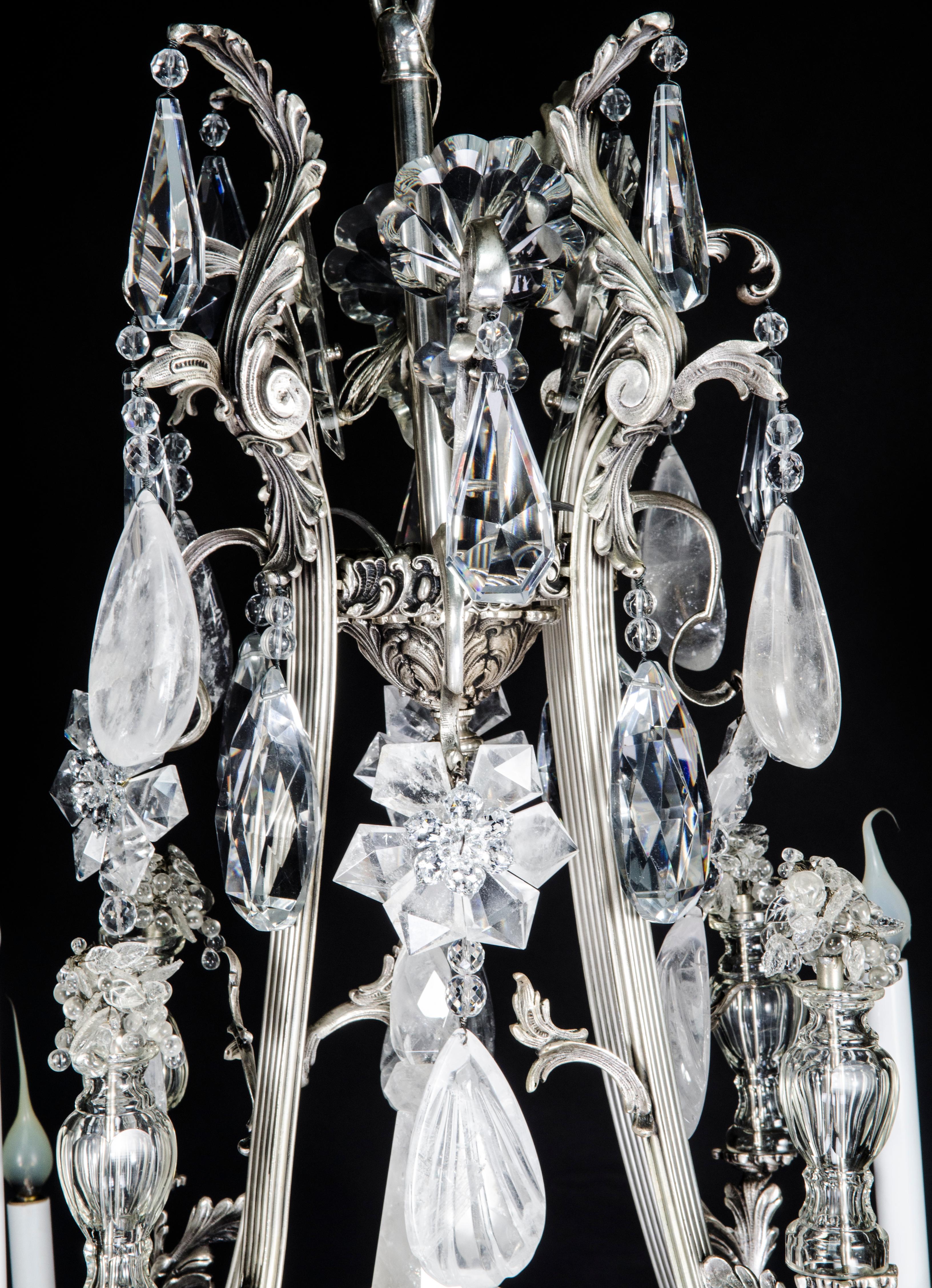 Unique Antique French Louis XVI Style Silver Bronze and Rock Crystal Chandelier For Sale 2