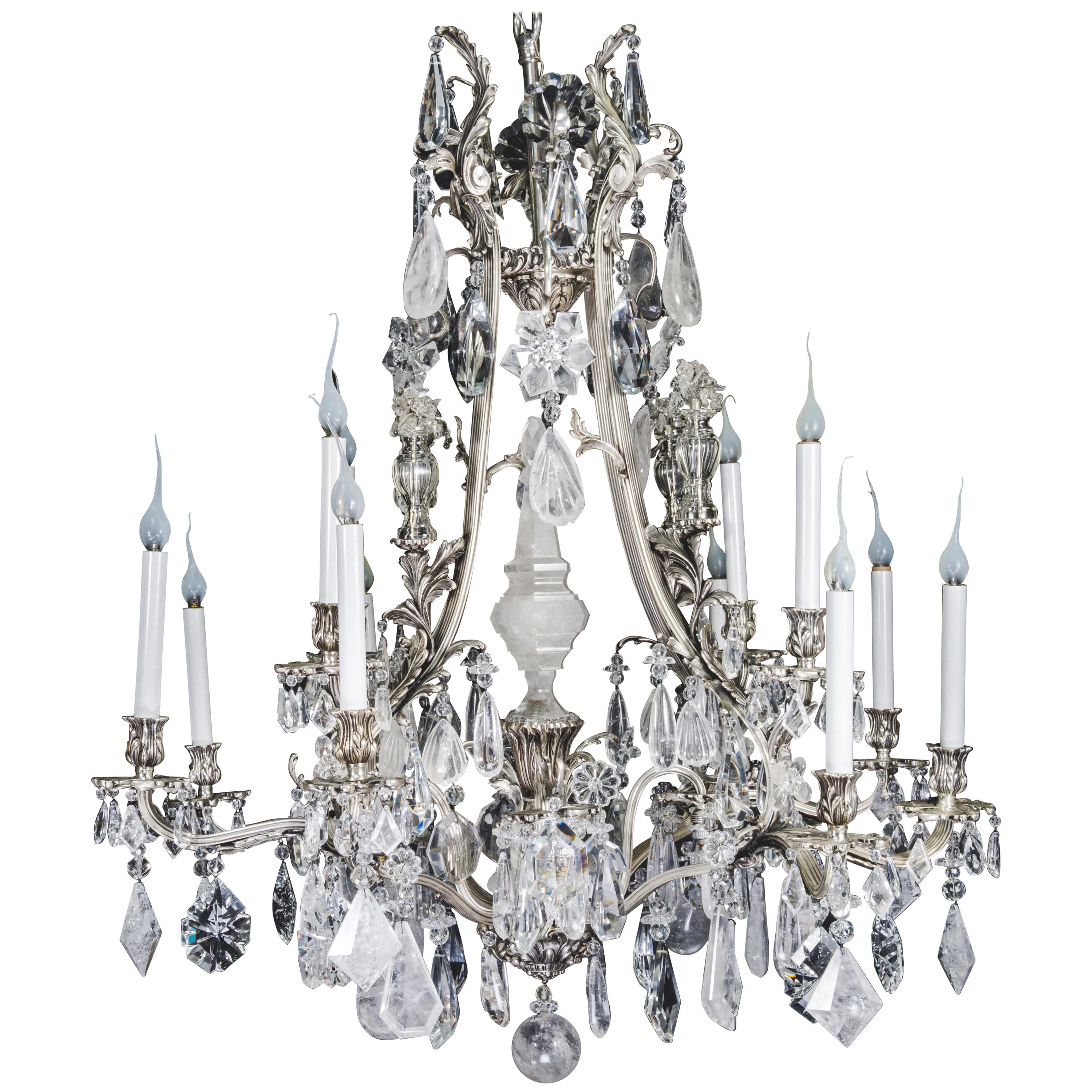 Unique Antique French Louis XVI Style Silver Bronze and Rock Crystal Chandelier For Sale