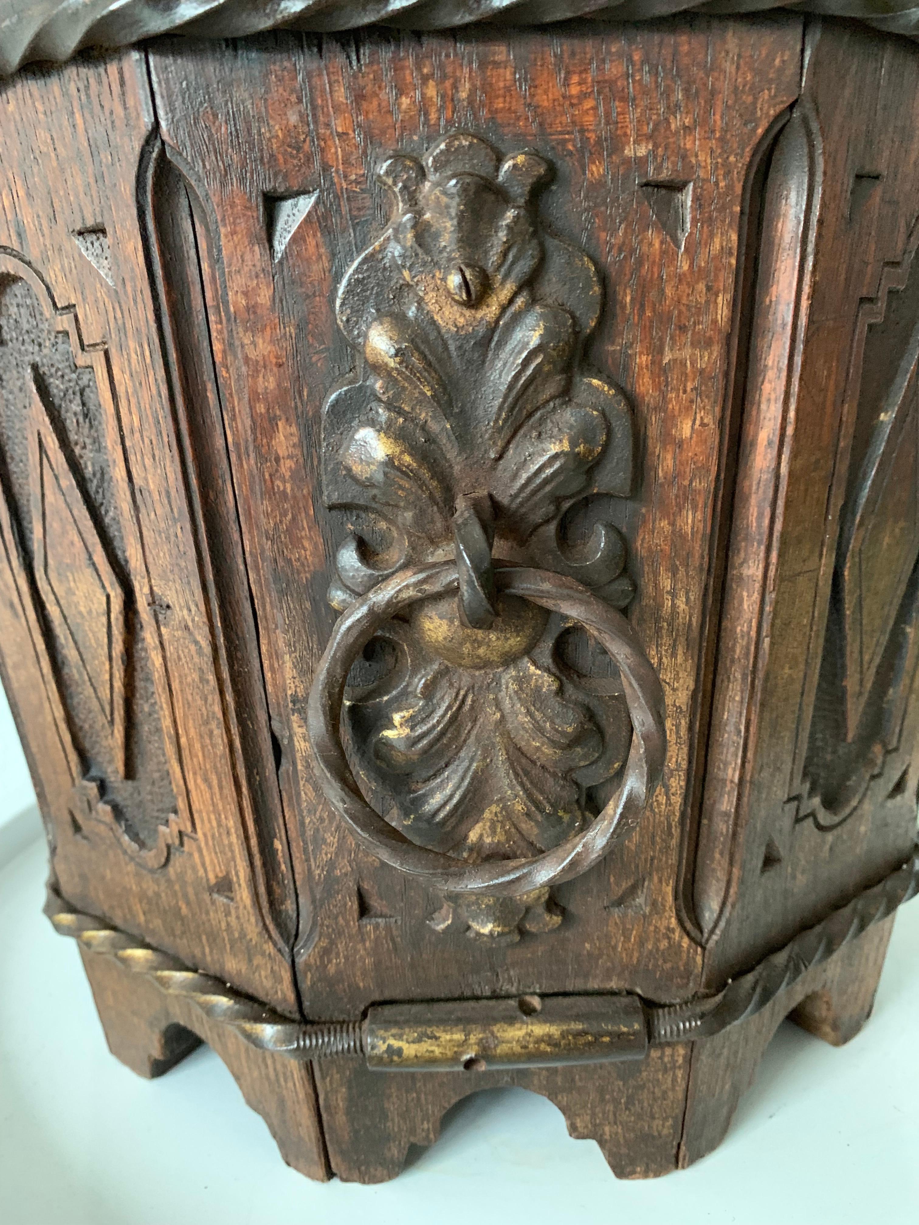 Unique Antique Gothic Revival Carved Oak Jardinière Plant Stand with Zinc Liner 1