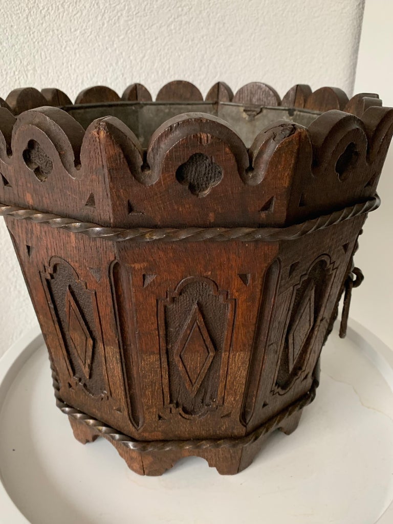 Unique Antique Gothic Revival Carved Oak Jardinière Plant Stand with