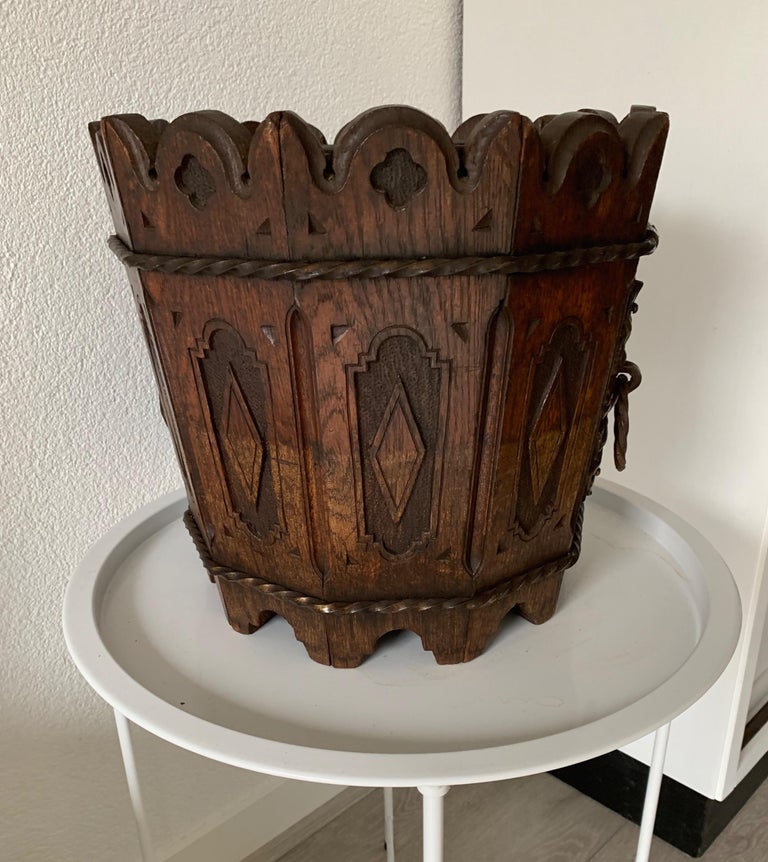 Unique Antique Gothic Revival Carved Oak Jardinière Plant Stand with