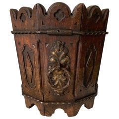 Unique Antique Gothic Revival Carved Oak Jardinière Plant Stand with Zinc Liner