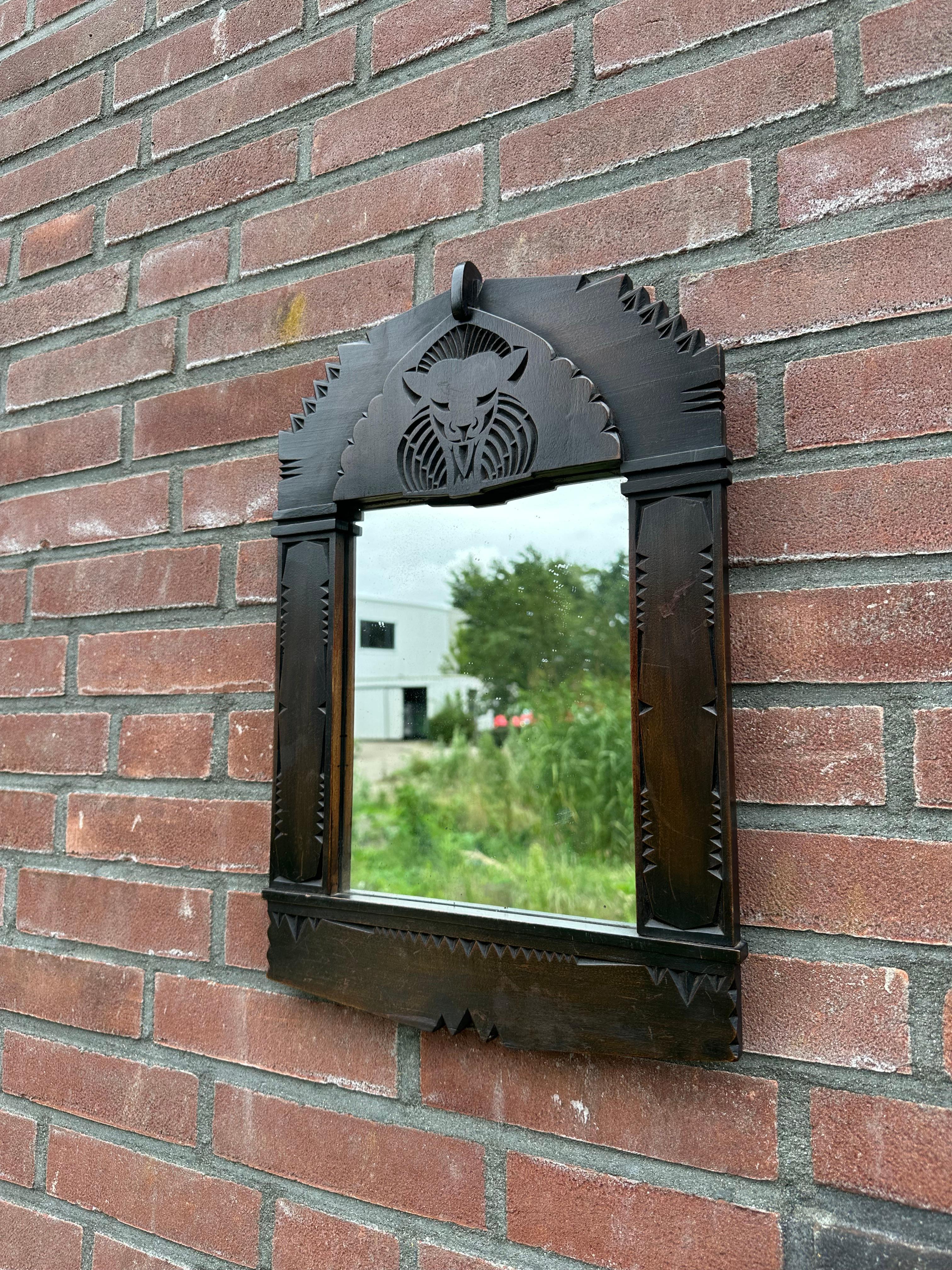 Unique Antique Hand Carved Dutch Arts & Crafts Wall Mirror with Lion Sculpture For Sale 5
