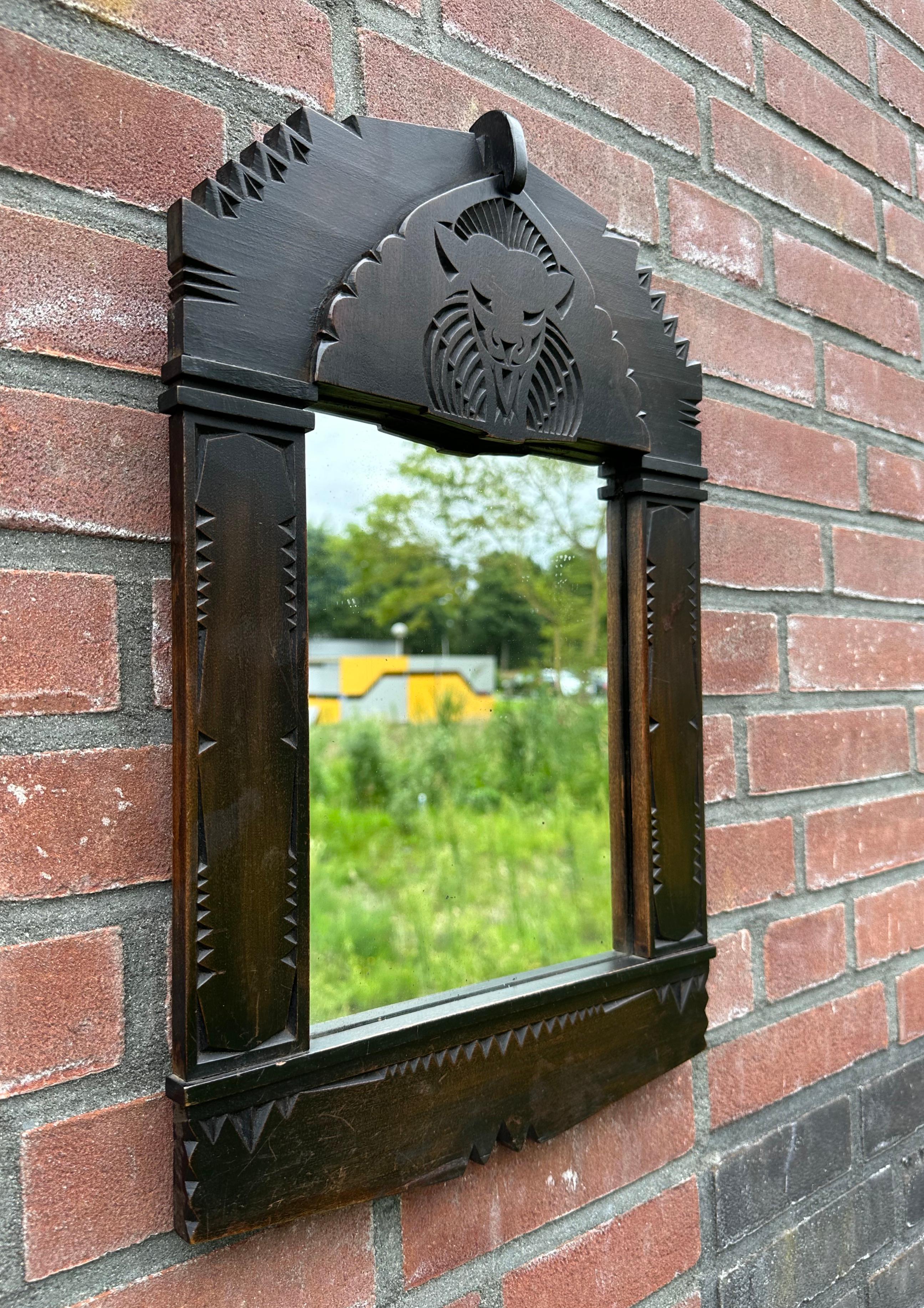 Unique Antique Hand Carved Dutch Arts & Crafts Wall Mirror with Lion Sculpture For Sale 10