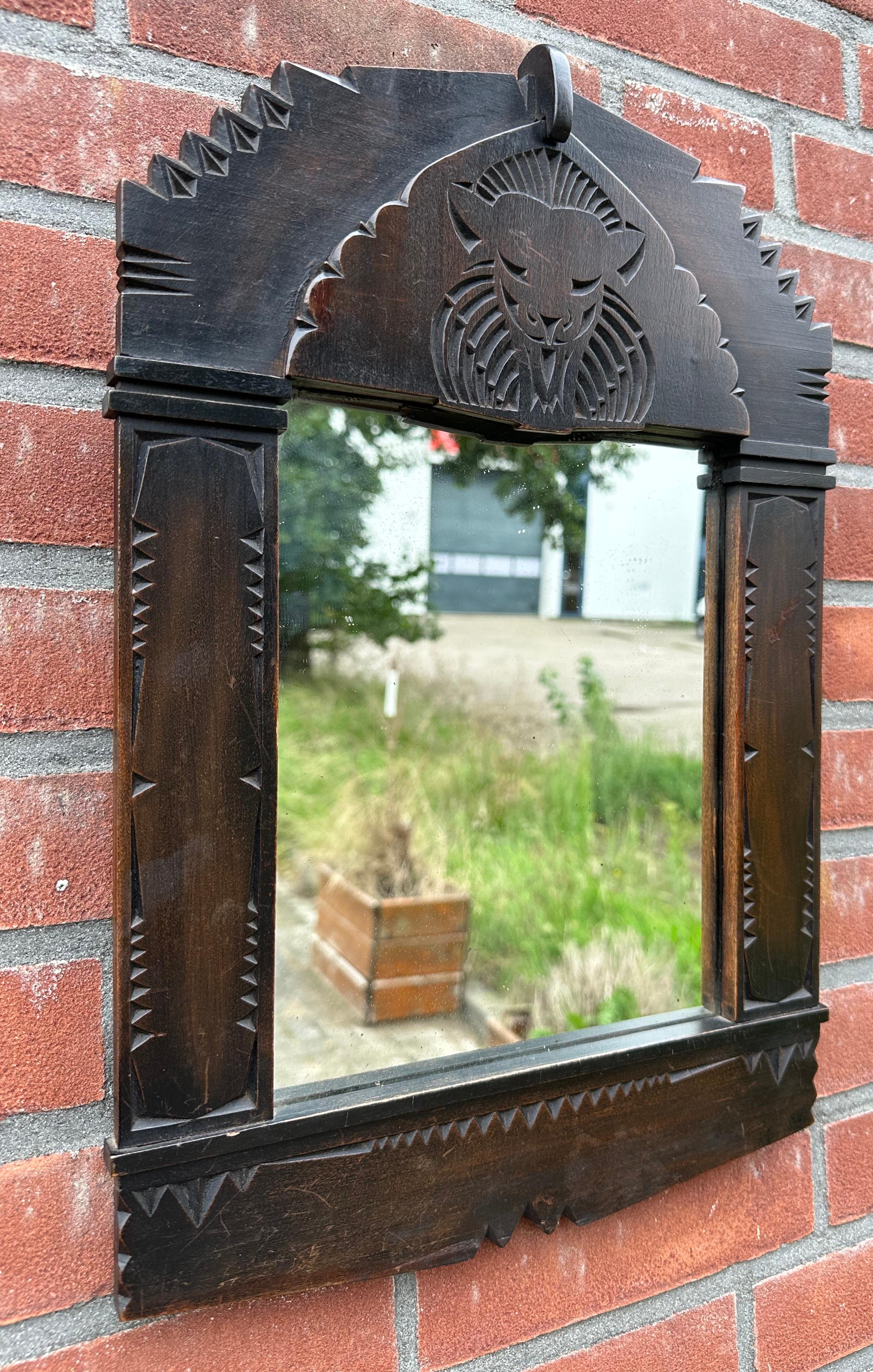 Unique Antique Hand Carved Dutch Arts & Crafts Wall Mirror with Lion Sculpture For Sale 14