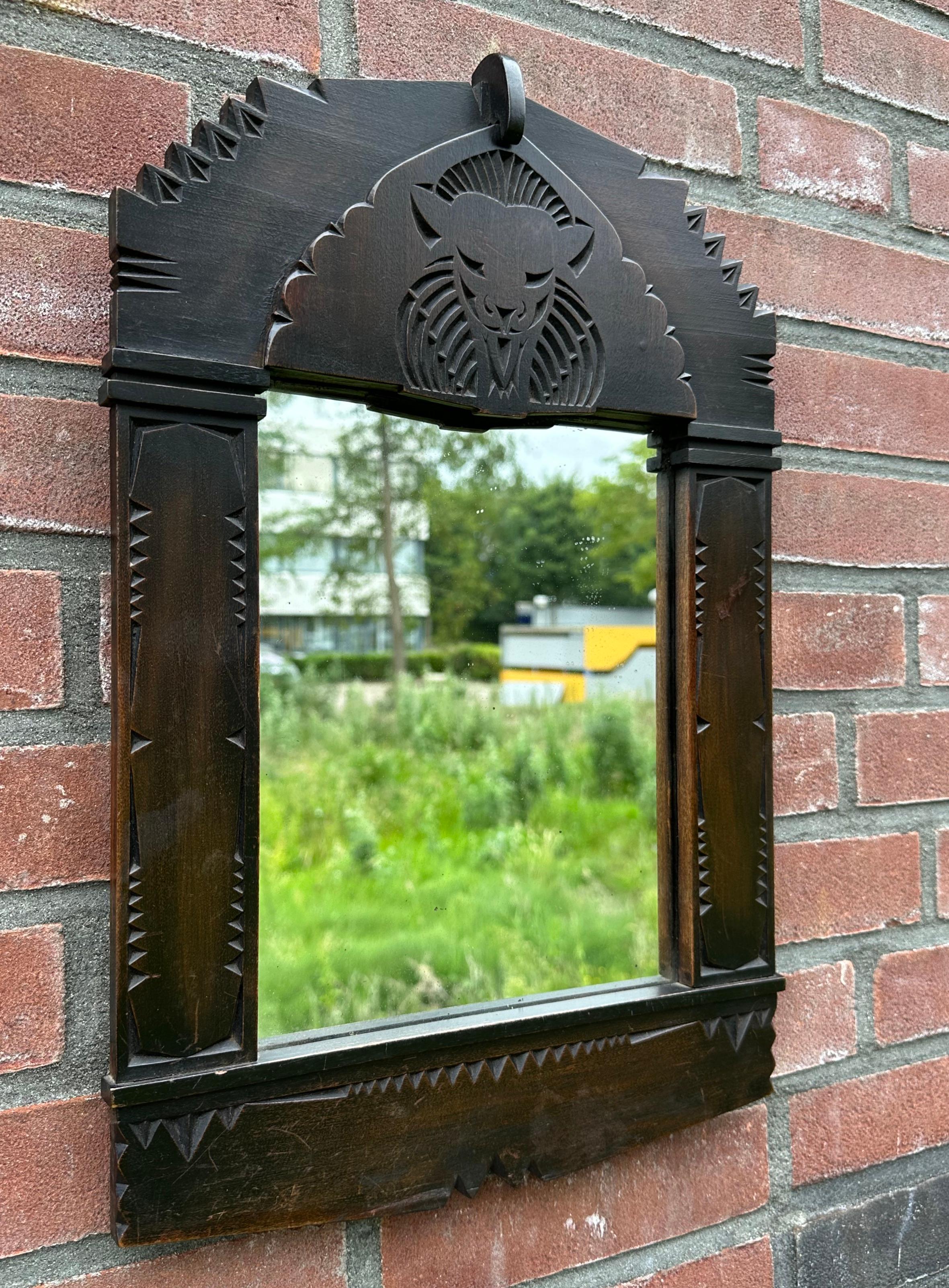Arts and Crafts Unique Antique Hand Carved Dutch Arts & Crafts Wall Mirror with Lion Sculpture For Sale