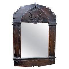 Unique Antique Hand Carved Dutch Arts & Crafts Wall Mirror with Lion Sculpture