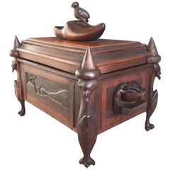 Unique & Antique Hand-Carved Wooden Folk Art Box with Cats, Birds & More Figures