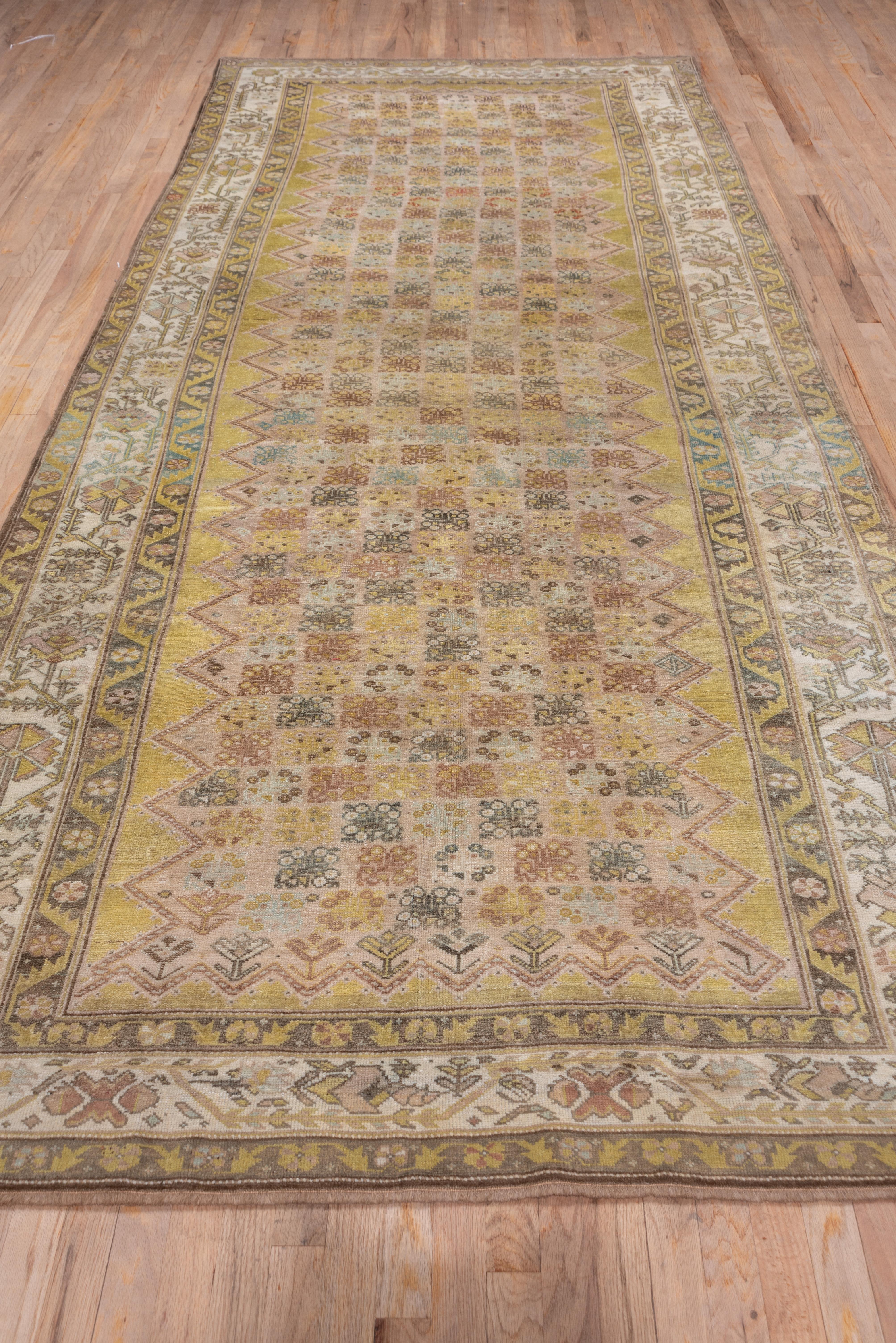 Unique Antique Northwest Persian Gallery Rug, Lime Green Boxed Floral Field In Good Condition For Sale In New York, NY