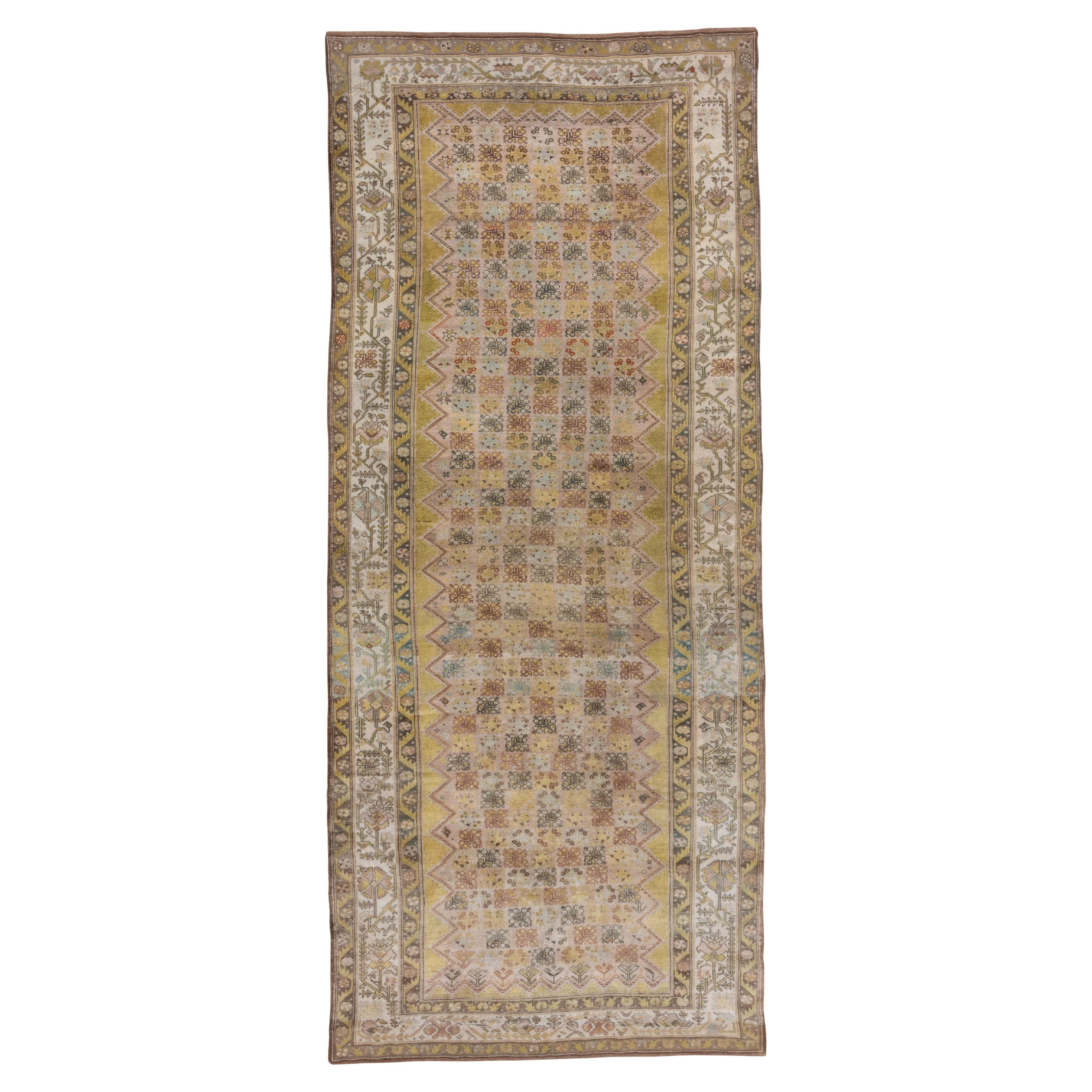 Unique Antique Northwest Persian Gallery Rug, Lime Green Boxed Floral Field For Sale