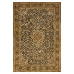 Unique Antique Persian Tabriz Wool Rug in Navy Blue With Floral Design