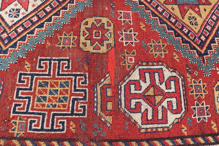 Unique Antique Qashqai Rug with Geometric Motifs in Red, Blue, and Golden Yellow For Sale 2