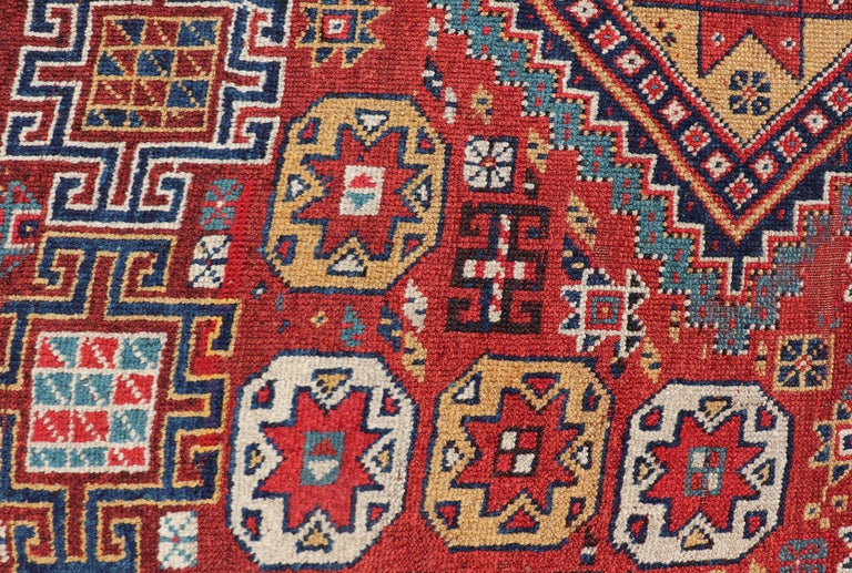 Unique Antique Qashqai Rug with Geometric Motifs in Red, Blue, and Golden Yellow For Sale 3