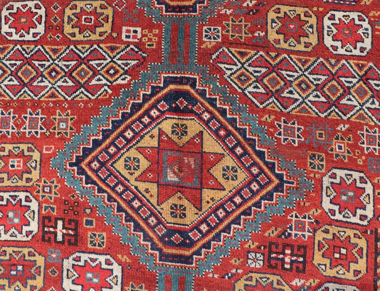 Unique Antique Qashqai Rug with Geometric Motifs in Red, Blue, and Golden Yellow For Sale 5