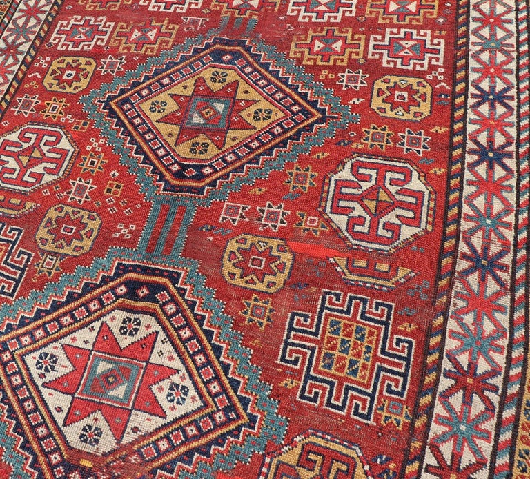 Unique Antique Qashqai Rug with Geometric Motifs in Red, Blue, and Golden Yellow For Sale 6