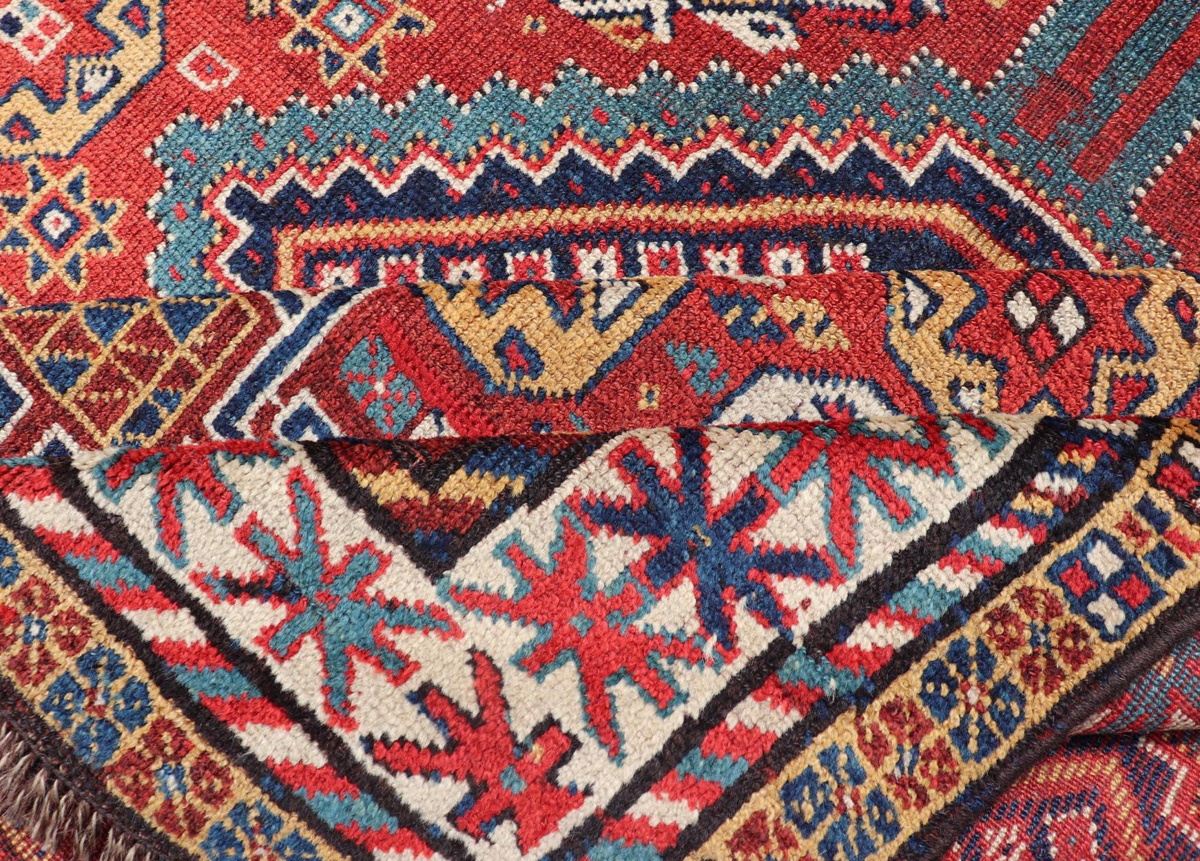 Unique Antique Qashqai Rug with Geometric Motifs in Red, Blue, and Golden Yellow For Sale 7