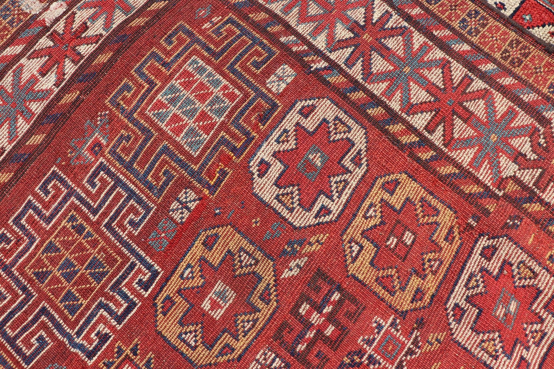 Unique Antique Qashqai Rug with Geometric Motifs in Red, Blue, and Golden Yellow For Sale 8