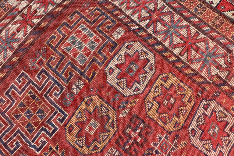 Unique Antique Qashqai Rug with Geometric Motifs in Red, Blue, and Golden Yellow For Sale 8