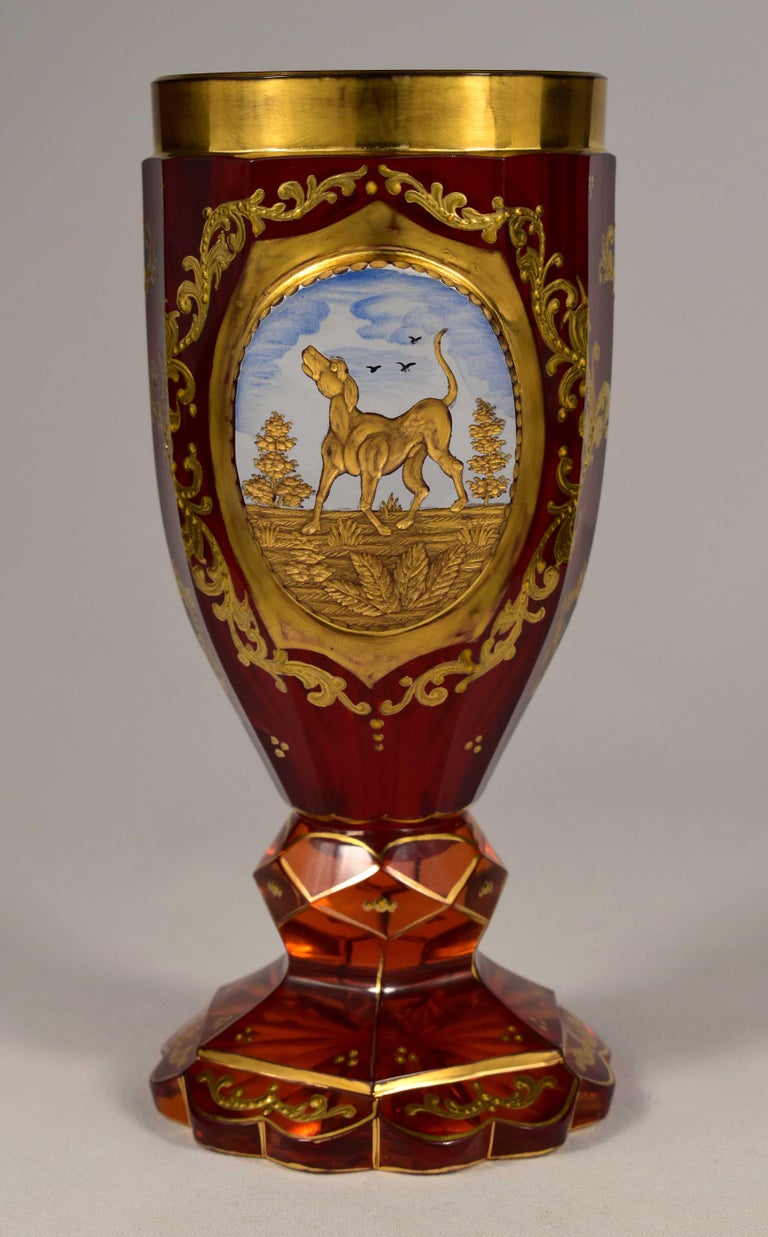 Unique Antique Ruby Goblet, Cut, Engraved, Gilded Bohemian Glass 19-20 ...