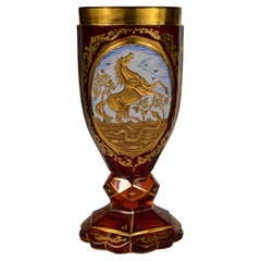 Unique Antique Ruby Goblet, Cut, Engraved, Gilded Bohemian Glass 19-20 Century