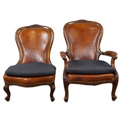 Unique antique set of sheep leather armchairs
