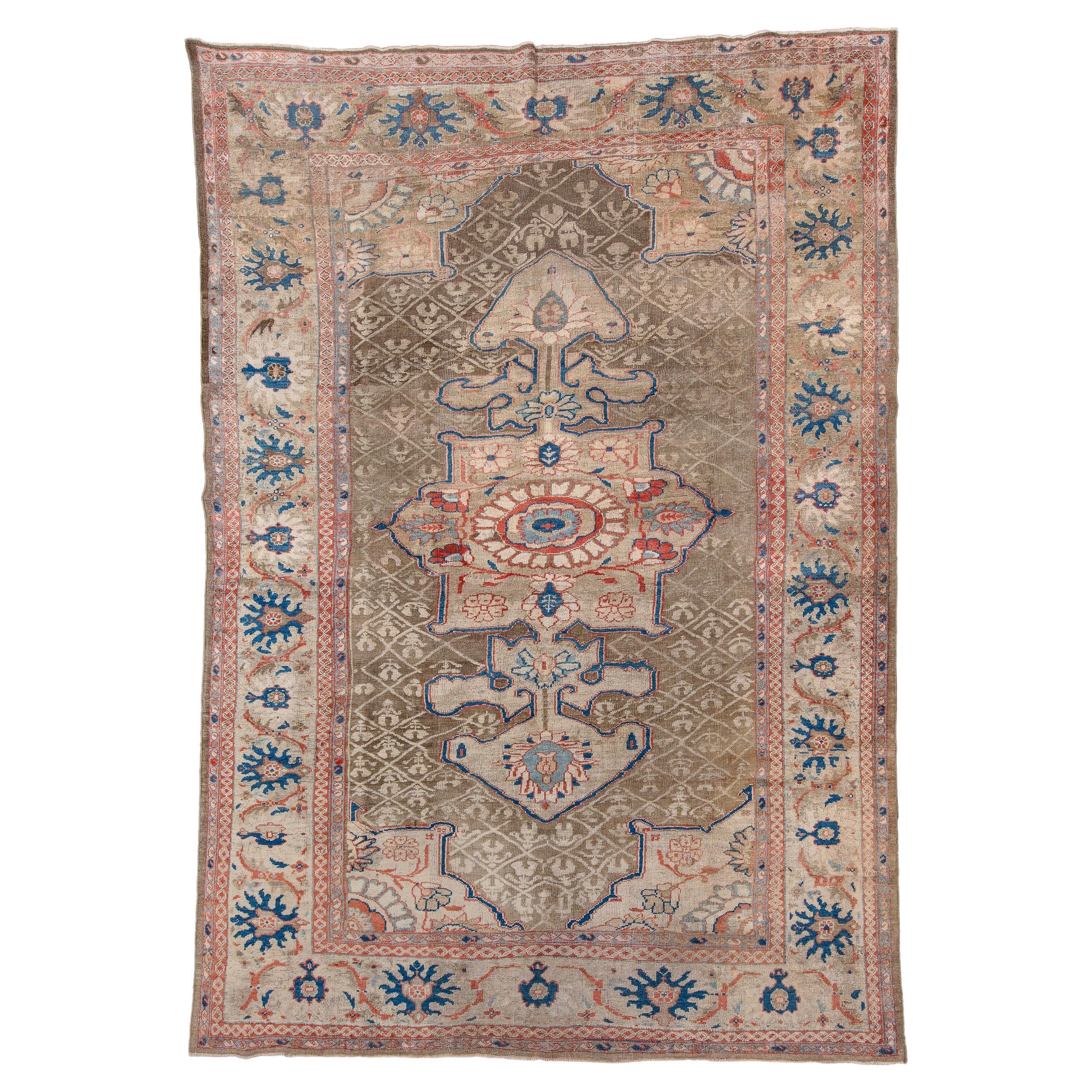 Unique Antique Sultanabad Rug with Rust Field and Blue Details, Circa 1900's