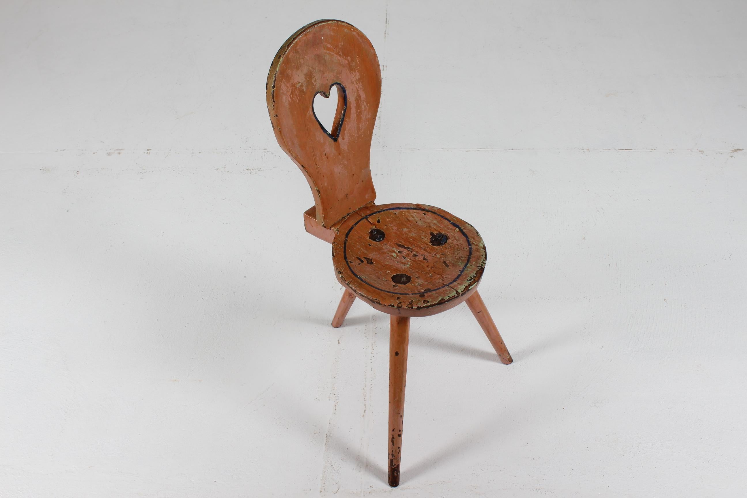 Unique Antique Swedish 3-legged Chair with Cut out Heart on Backrest 1850s 4