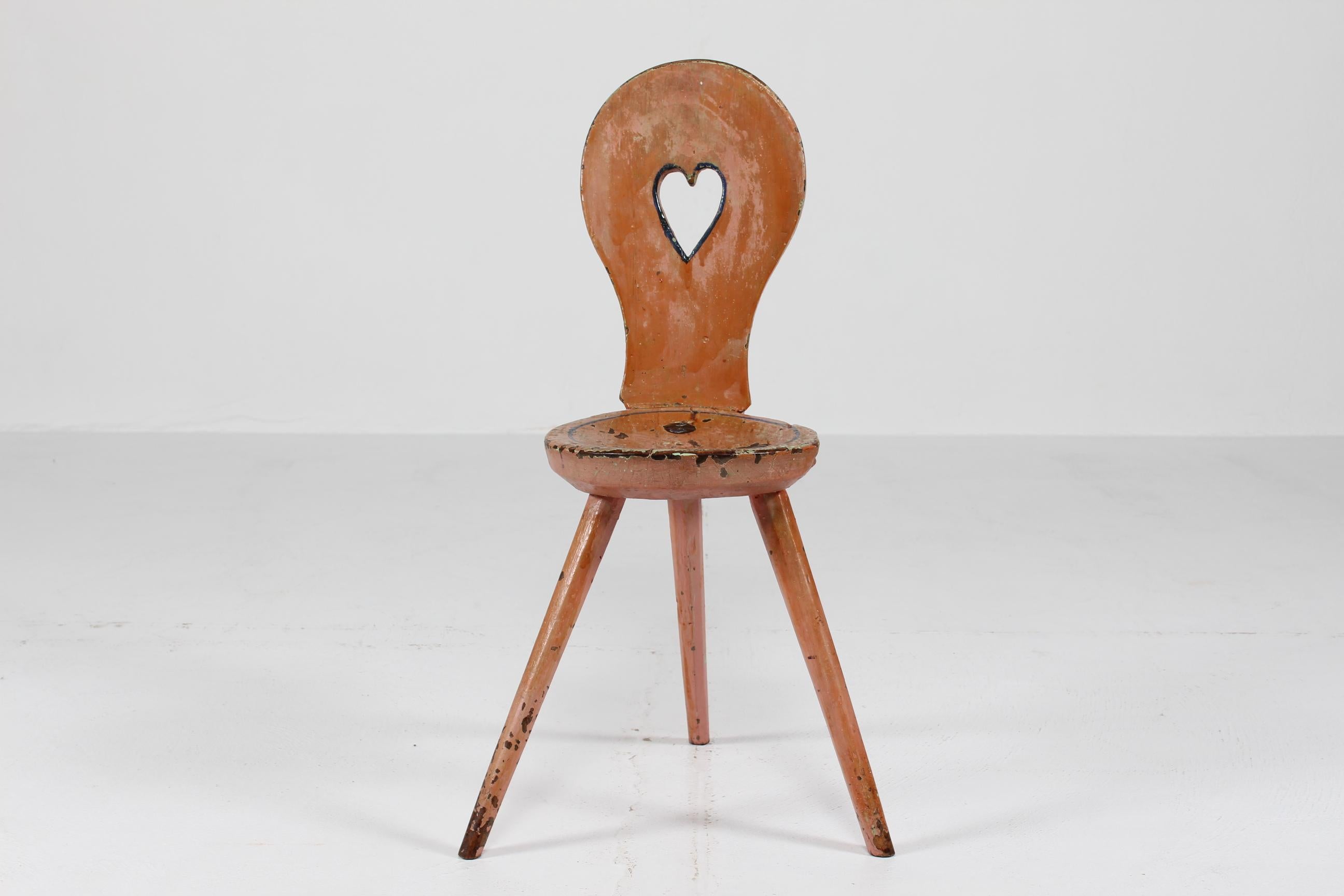 19th Century Unique Antique Swedish 3-legged Chair with Cut out Heart on Backrest 1850s