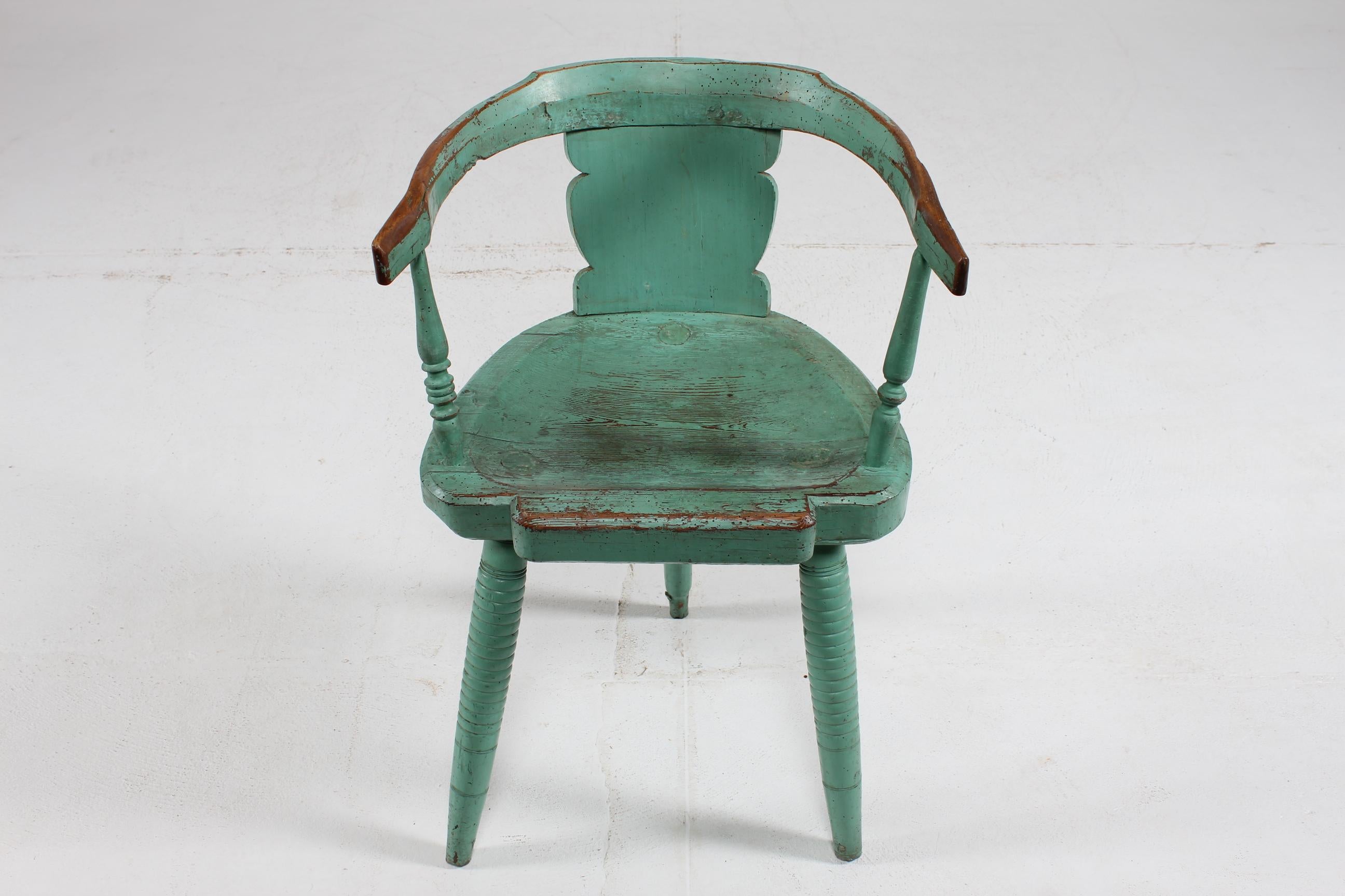 Sillón Sueco Antiguo Único de Madera Maciza con Pintura Verdigris Años 1850 en venta 11