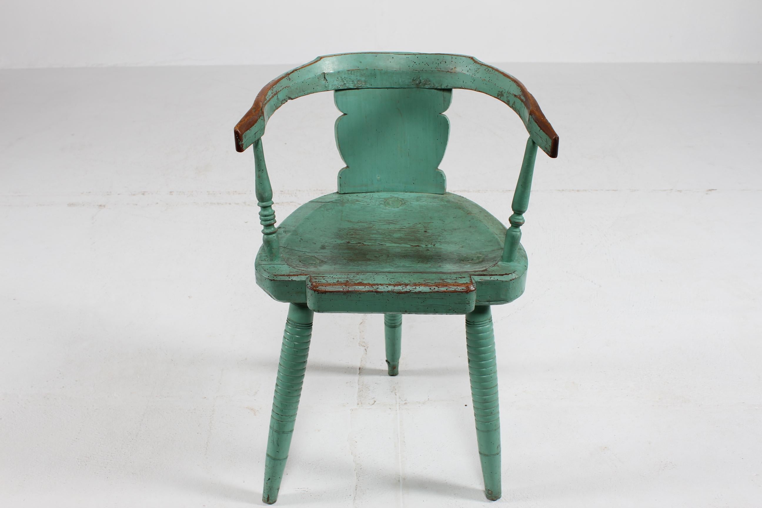 Sillón Sueco Antiguo Único de Madera Maciza con Pintura Verdigris Años 1850 en venta 12