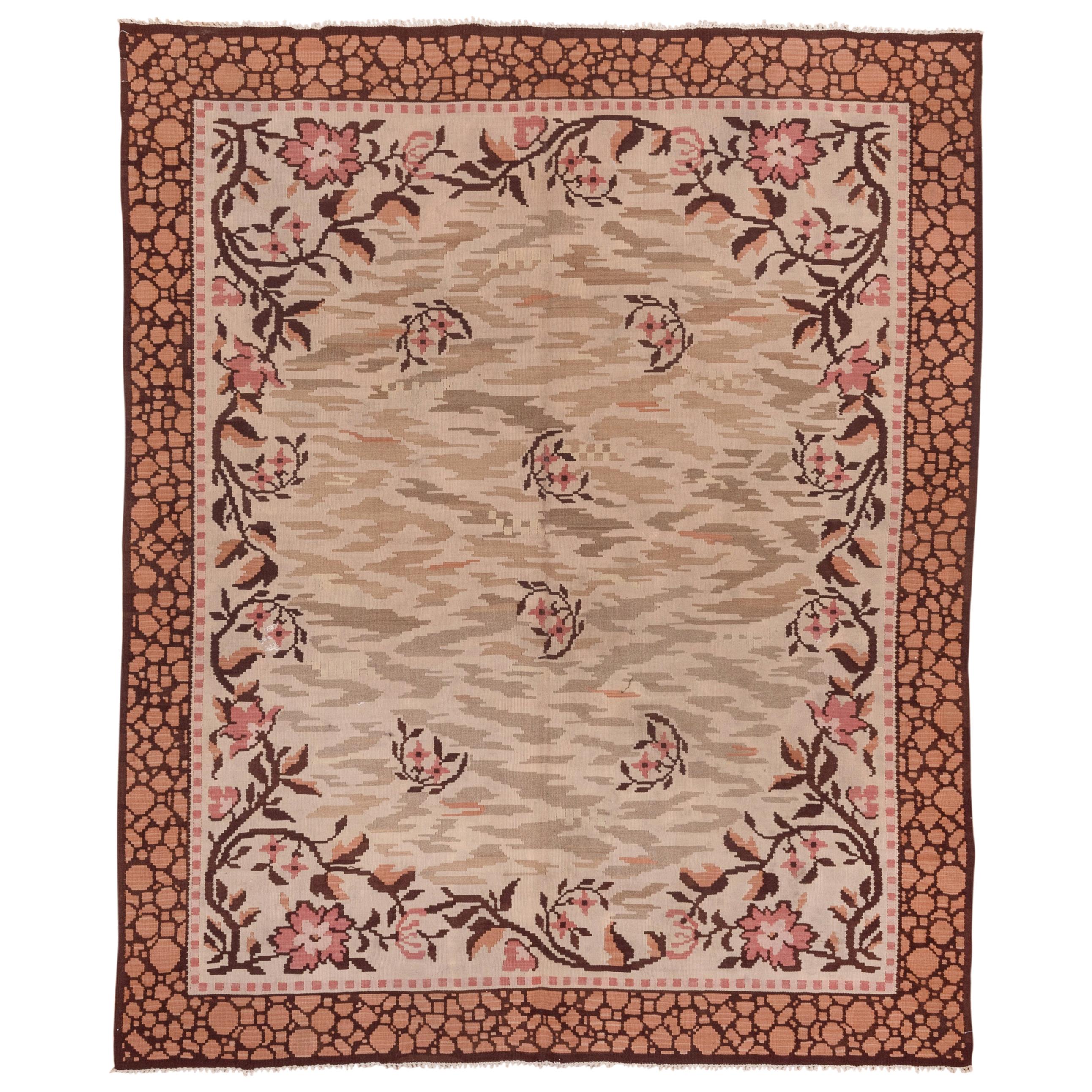 Einzigartiger antiker türkischer Kilim-Teppich, neutrale Töne, pfirsichfarbene Bordüre, ca. 1930er Jahre