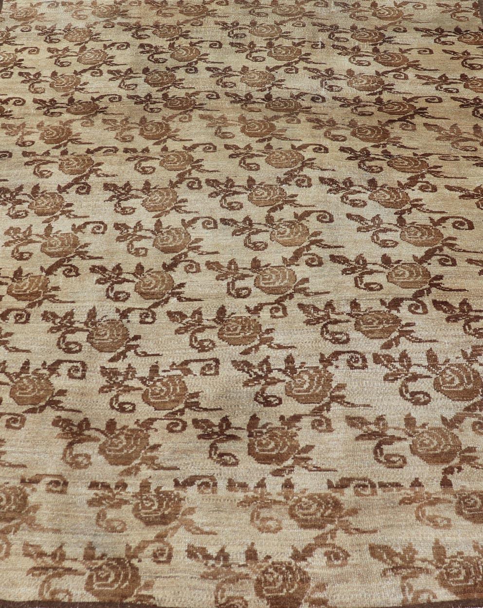 A Unique antique Turkish Konya rug with all-over floral pattern in taupe and brown
This delightful antique Turkish Konya carpet features an all-over repeating floral pattern in a variety of taupe and brown tones.
Measures: 9.2 x 6.5.