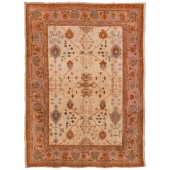 Tribal Antique Turkish Oushak Rug, Cream Allover Field, Pink and Orange Borders