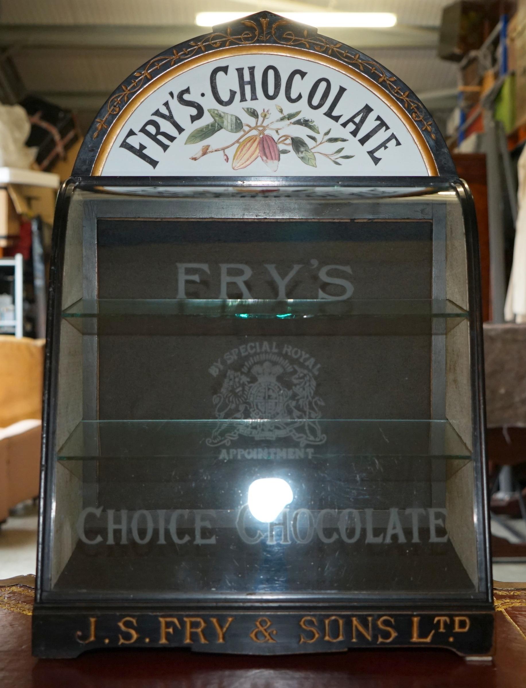 19th Century UNIQUE ANTIQUE VICTORIAN FRY's CHOCOLATE ROYAL CREST GLASS DISPLAY CASE CABINET For Sale