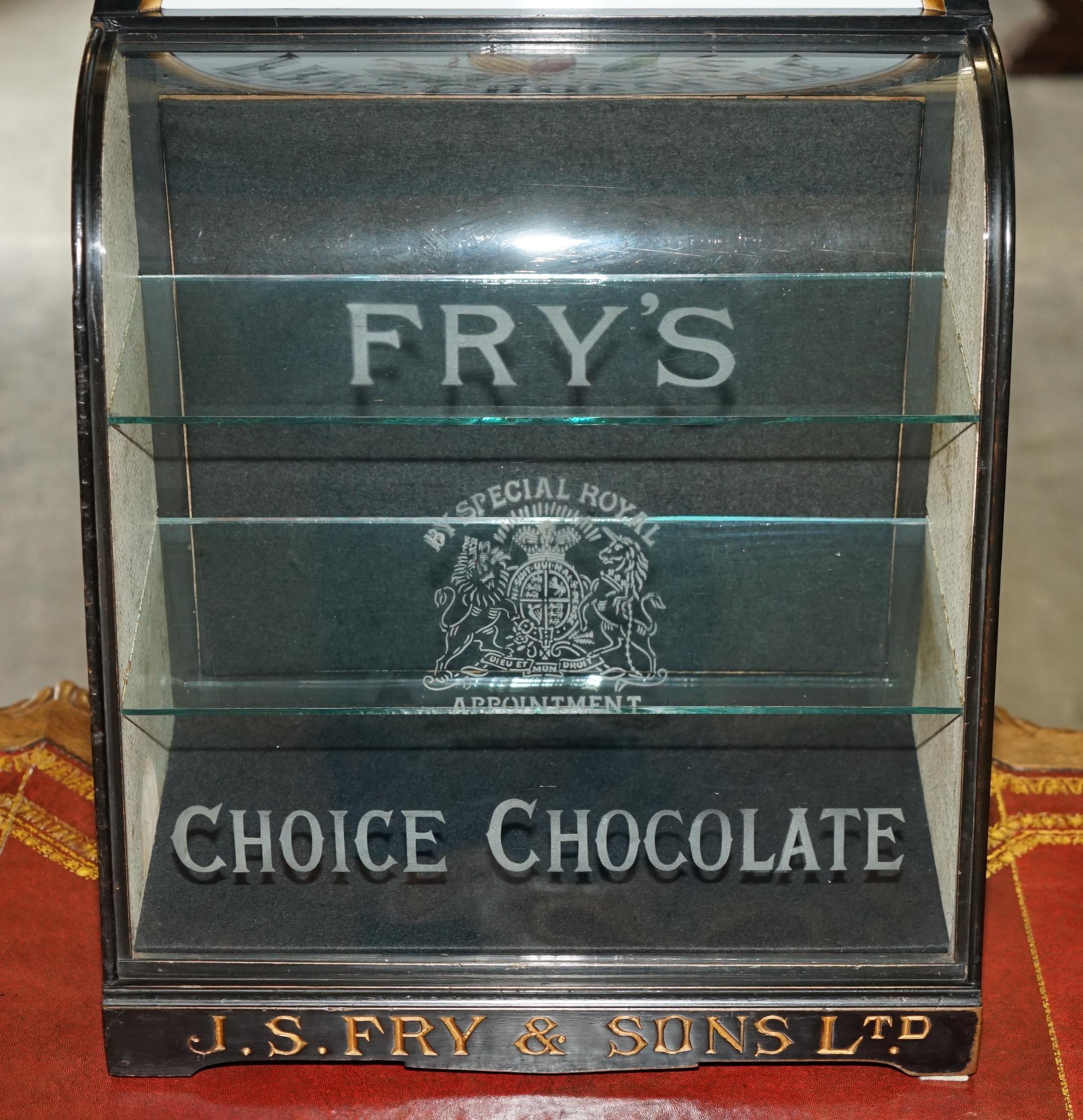 Glass UNIQUE ANTIQUE VICTORIAN FRY's CHOCOLATE ROYAL CREST GLASS DISPLAY CASE CABINET For Sale