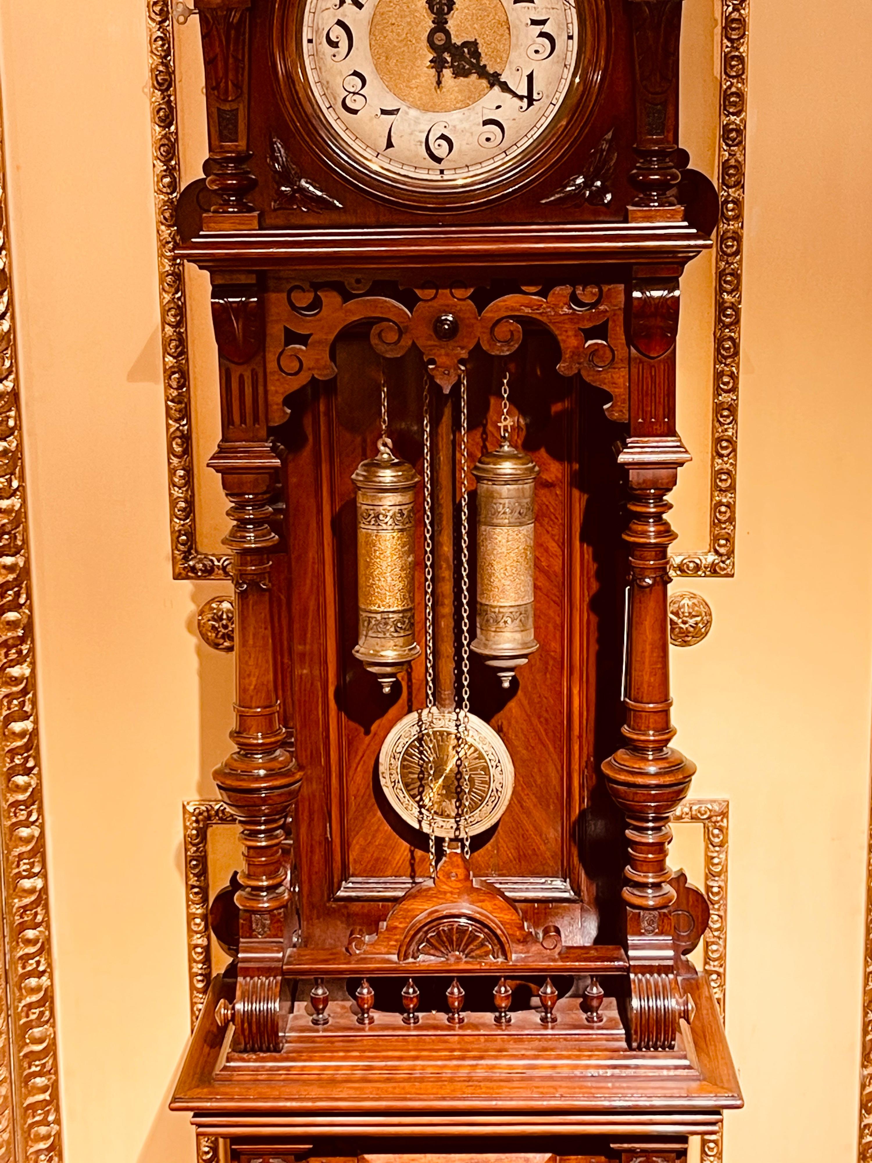 Hand-Carved Unique Antique Wilhelminian Style Grandfather Clock, Walnut, 19th Century
