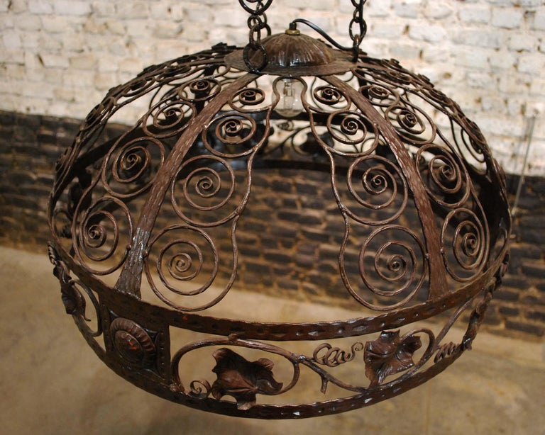 Unique Antique Wrought Iron Arts and Crafts Pendant Fixture For Sale at