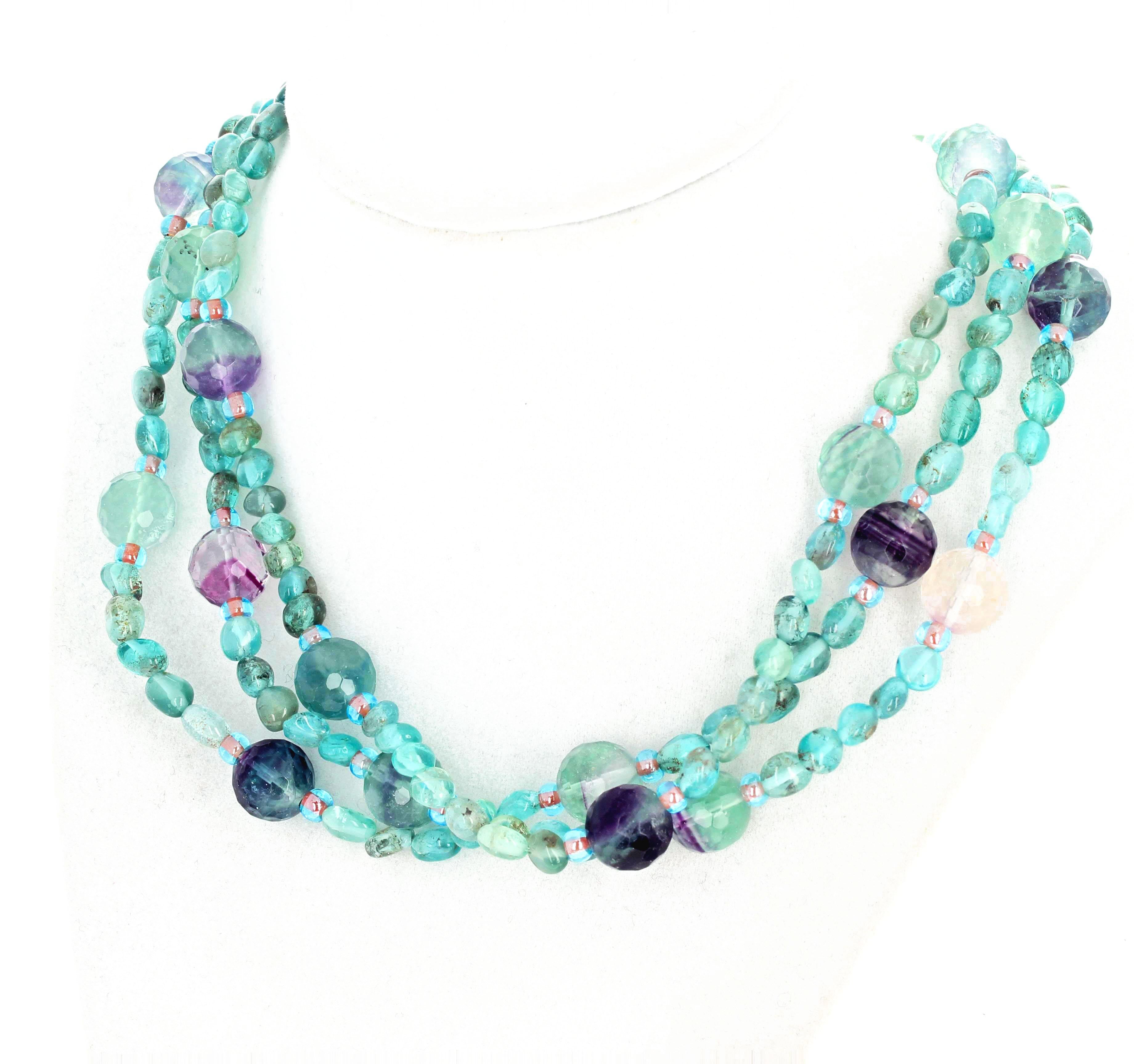 AJD Unique Magnificent Brasilian Apatite & Fluorite Triple Strand Necklace In New Condition For Sale In Raleigh, NC