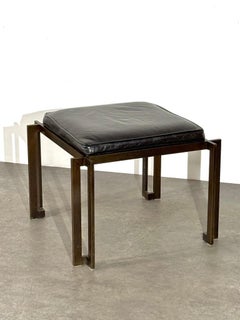 Unique Architectural Patinated Bronze Bench or Ottoman with Leather Seat 1970s