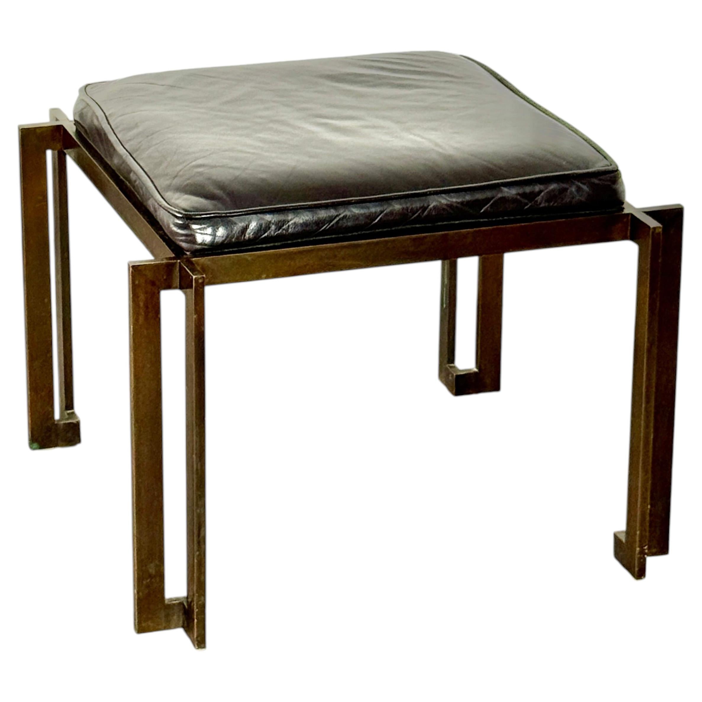 Vintage Architectural Patinated Bronze Bench or Ottoman with Leather Seat 1970s