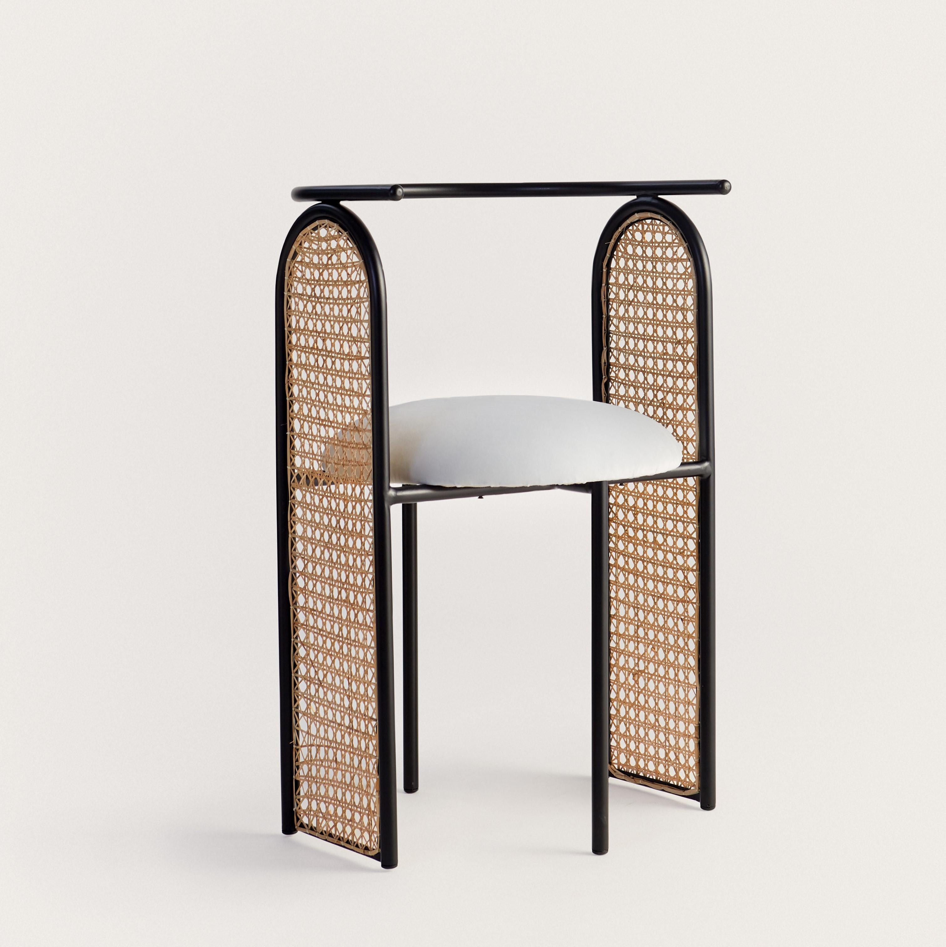 Unique arco chair by Hatsu
Dimensions: D 48 x W 48 x H 74 cm 
Materials: Uphostered seating on powder coated steel frame

Hatsu is a design studio based in Mumbai that creates modern lighting that are unique and immediately recognisable. We