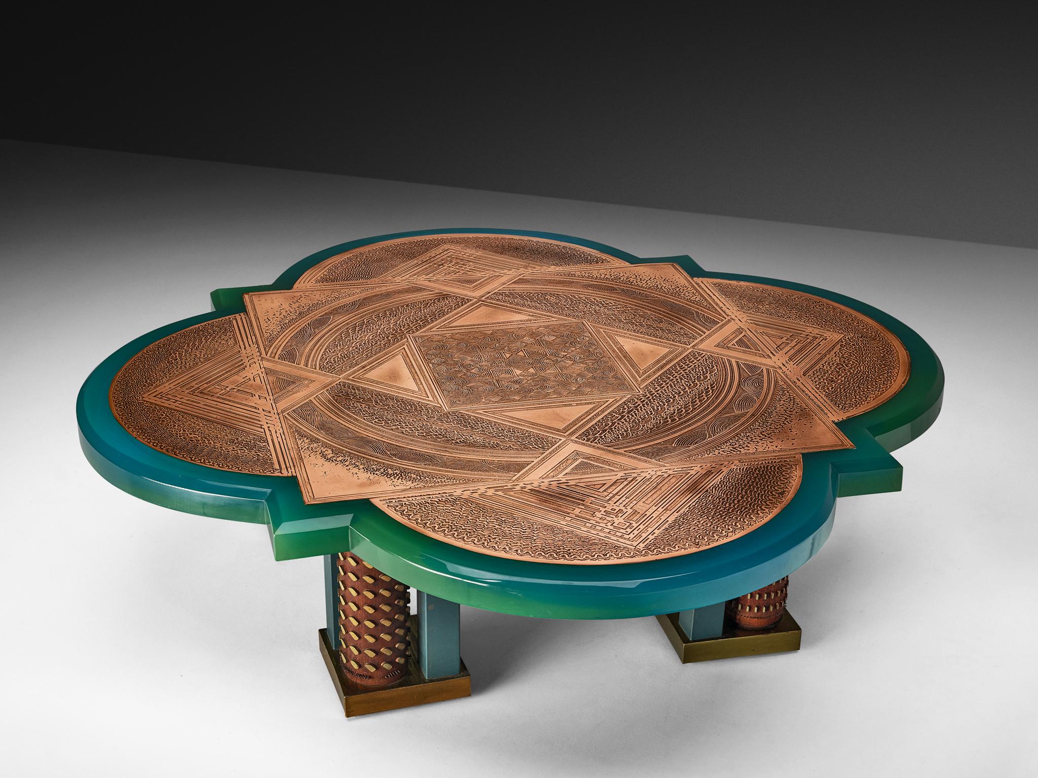 Unique Armand Jonckers Coffee Table in Green Resin and Copper en vente 3