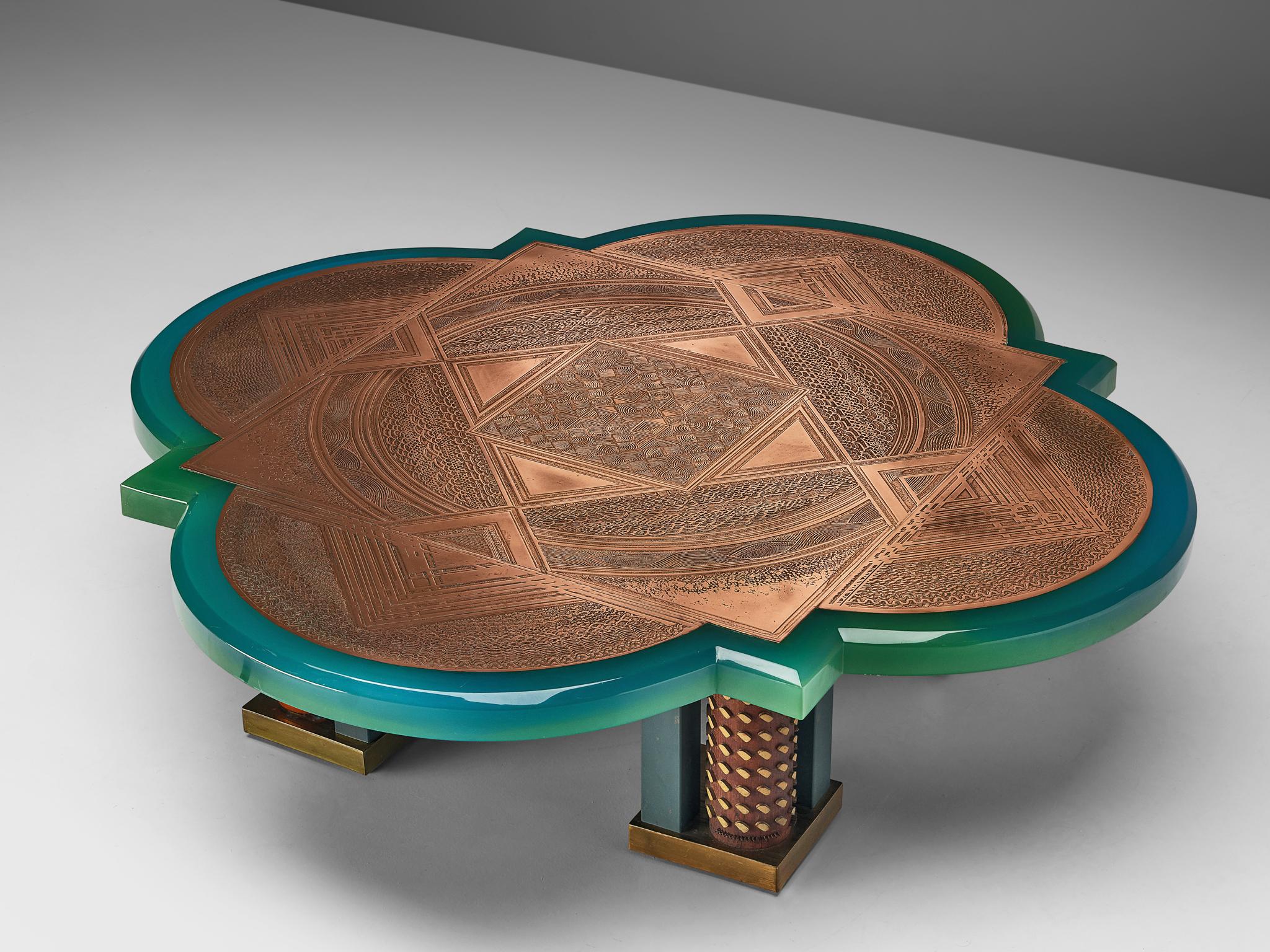 Unique Armand Jonckers Coffee Table in Green Resin and Copper  For Sale 3