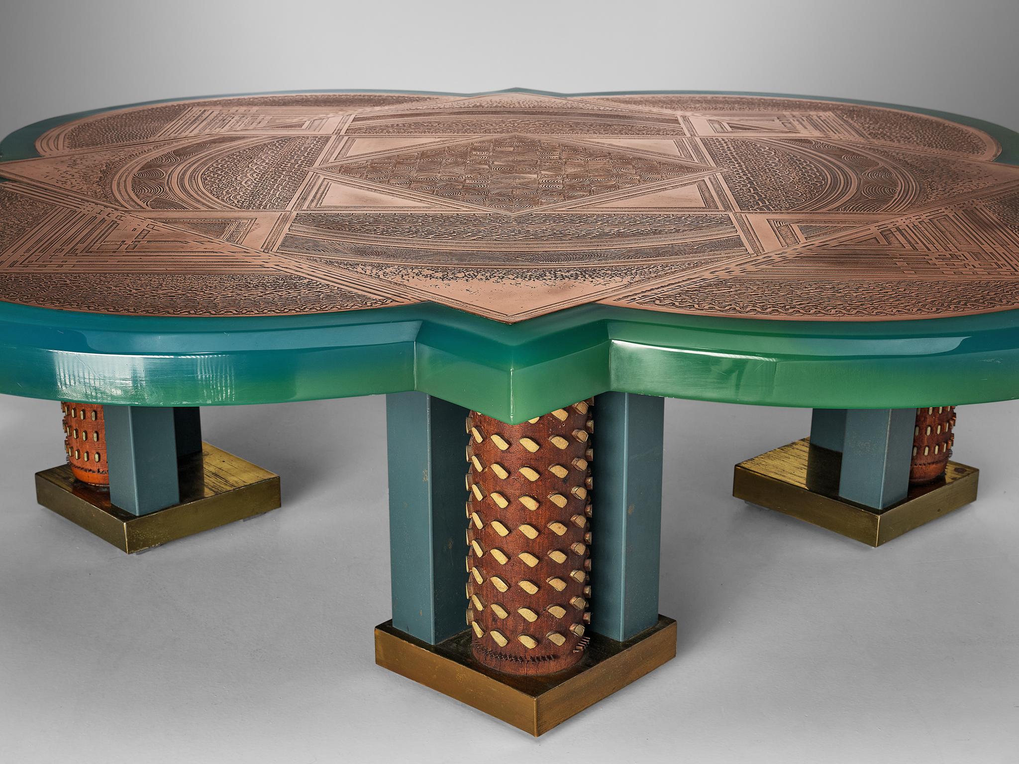 Unique Armand Jonckers Coffee Table in Green Resin and Copper  For Sale 4