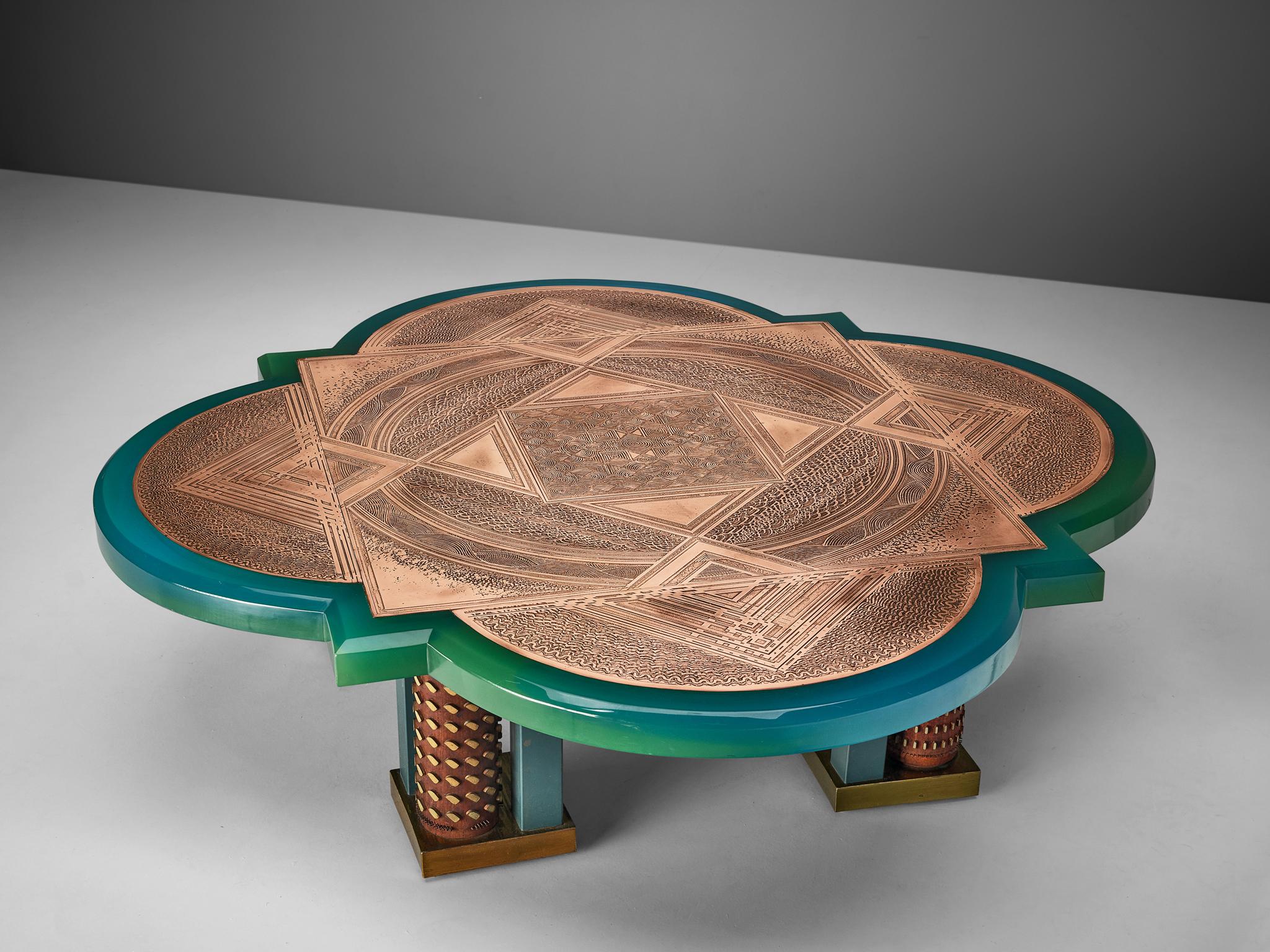 Armand Jonckers, coffee table, resin, copper, wood, metal, Belgium, 1984

Gorgeous, custom-made coffee table by Belgian designer Armand Jockers. Every detail of this sculptural table catches the eye. The pure combination of refined materials like