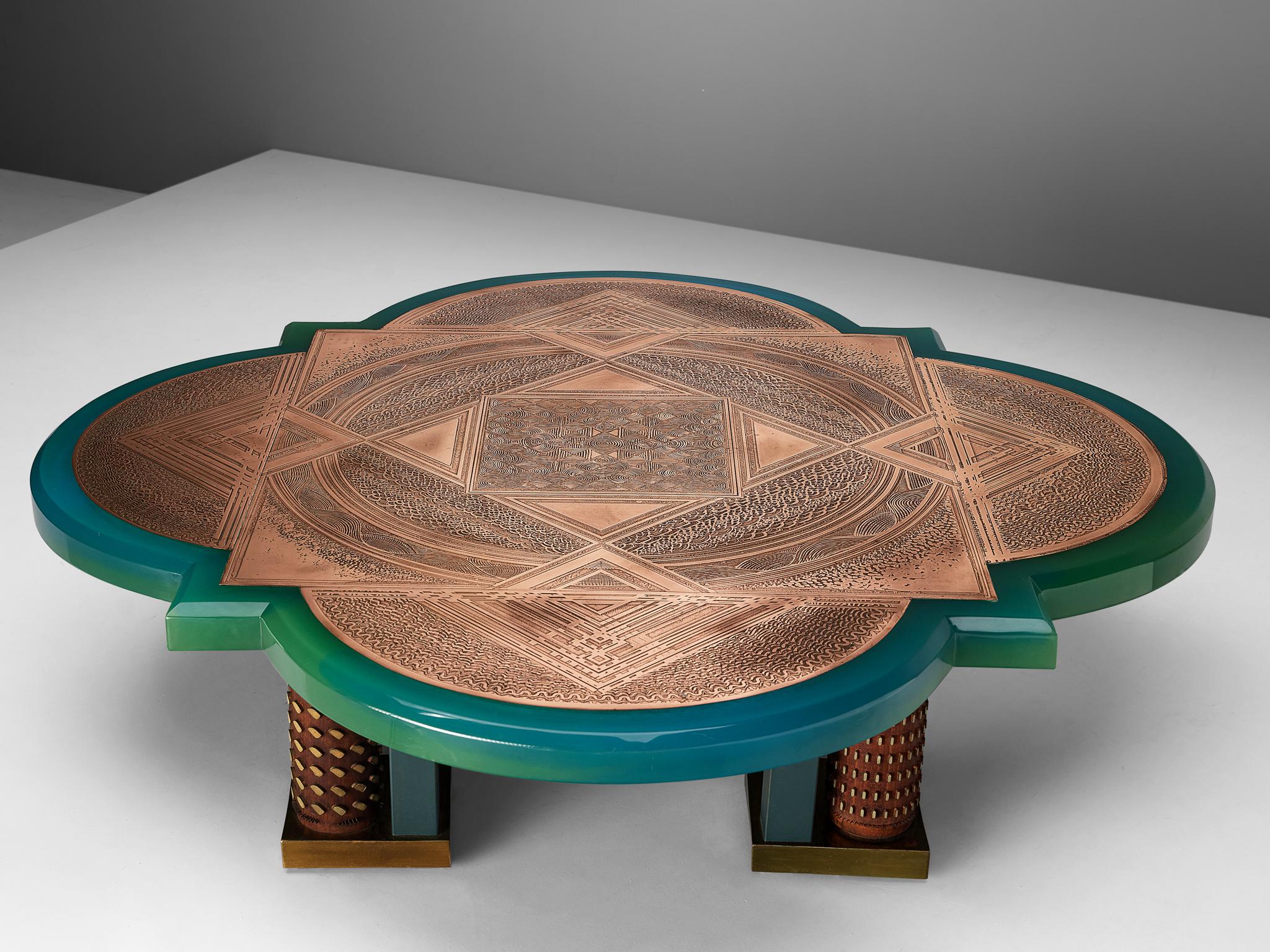 Armand Jonckers, coffee table, resin, copper, wood, metal, Belgium, 1984

Gorgeous, custom-made coffee table by Belgian designer Armand Jockers. Every detail of this sculptural table catches the eye. The pure combination of refined materials like